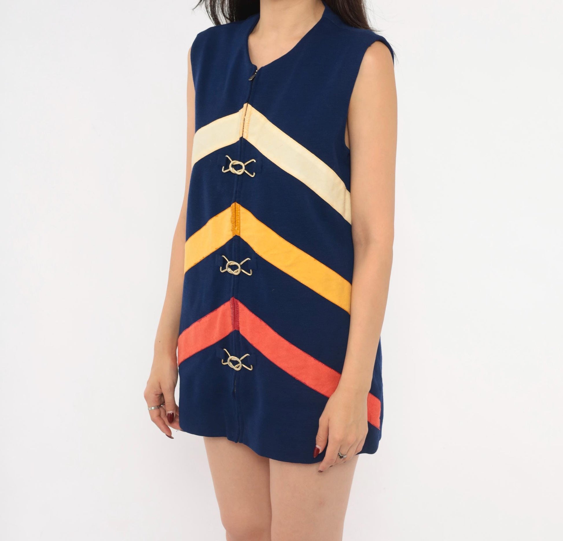 60s Di Costa Wool Chevron Stripe Mini Dress Navy Cream Gold Coral Zip Front Medium