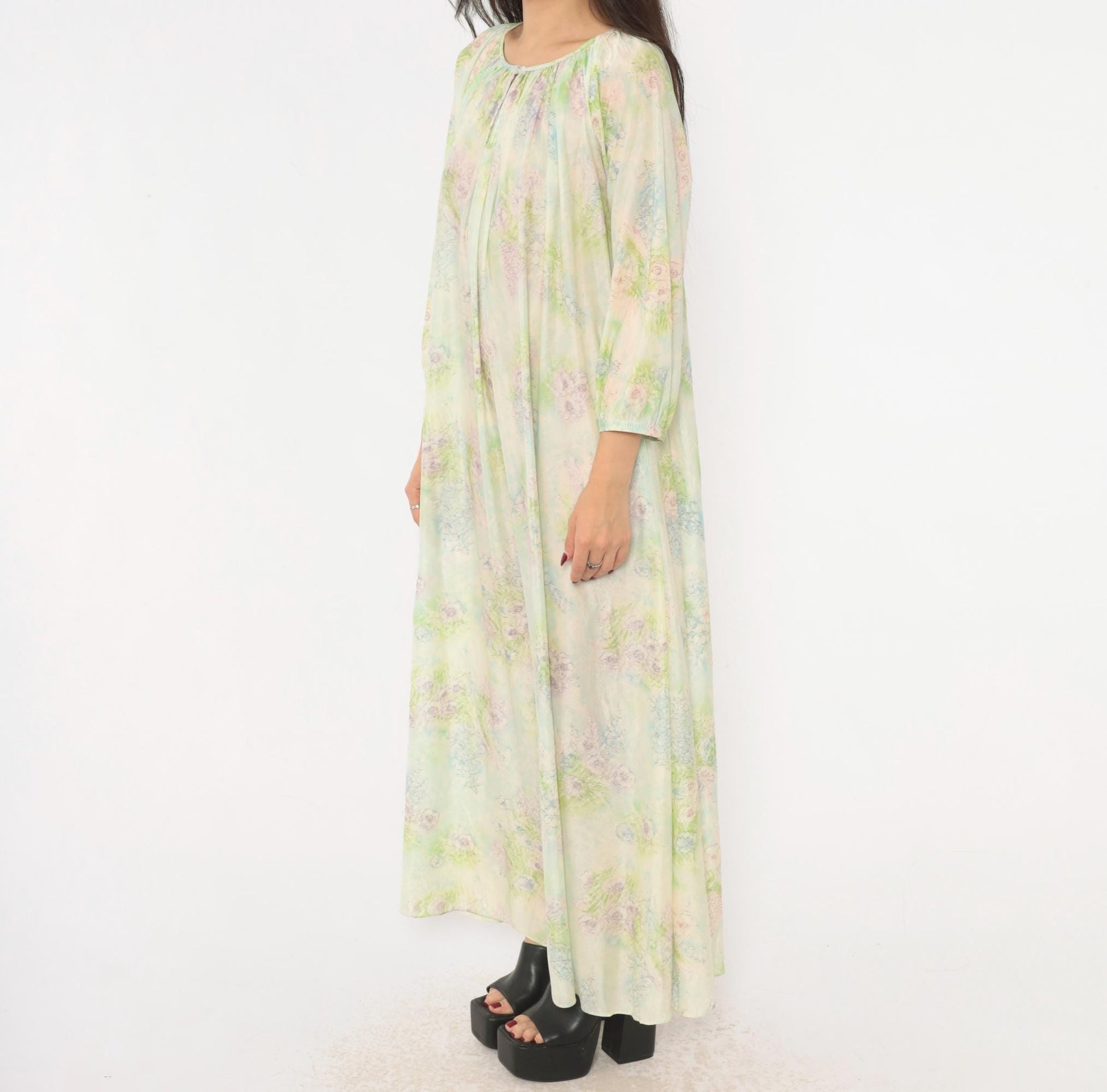 70s Floral Watercolor Maxi Nightgown Lavender Pink Blue Balloon Sleeve Medium M