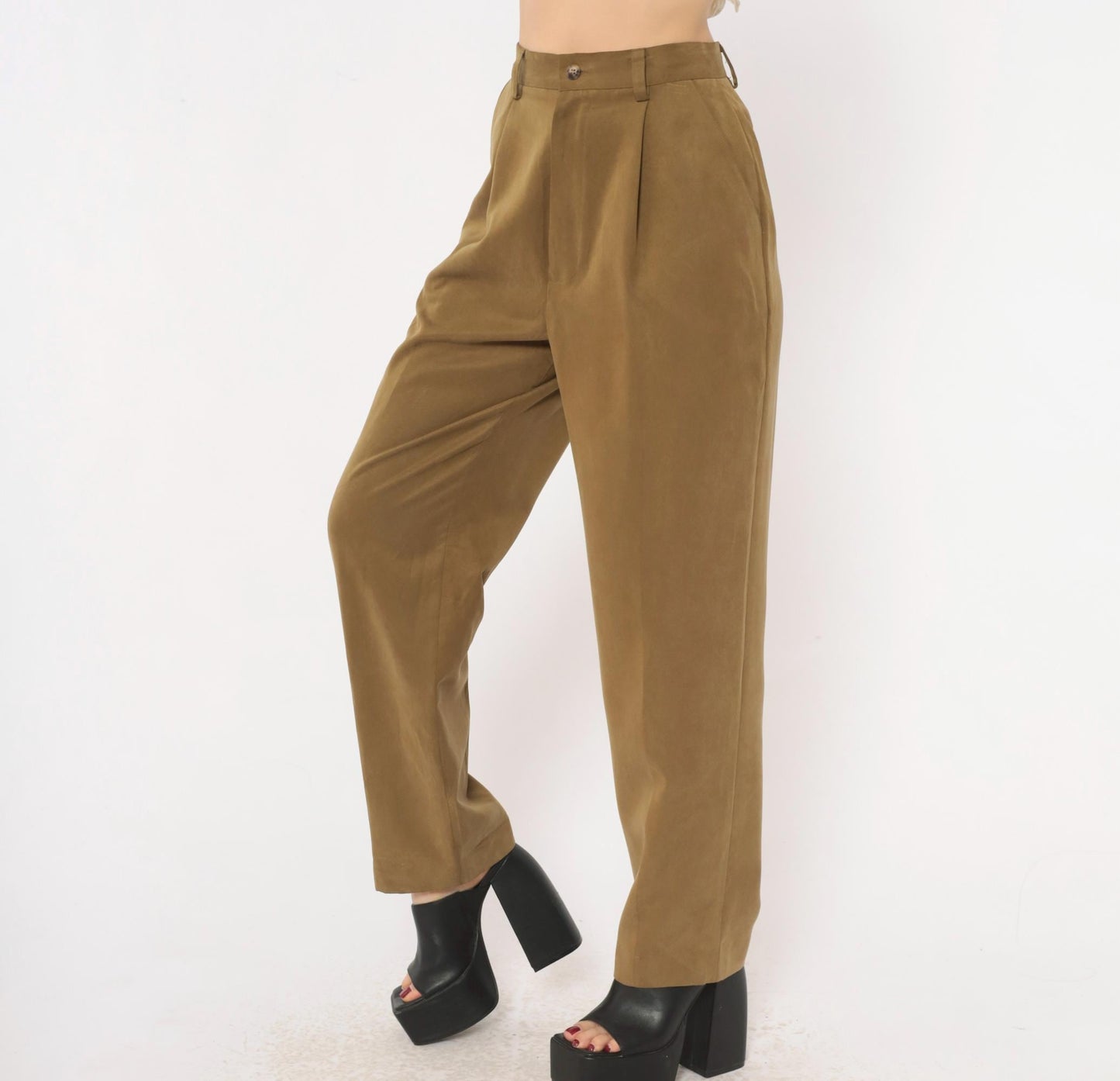 90s Pleated High-Waist Trousers Olive Tapered Leg Front Pleat Extra Small XS