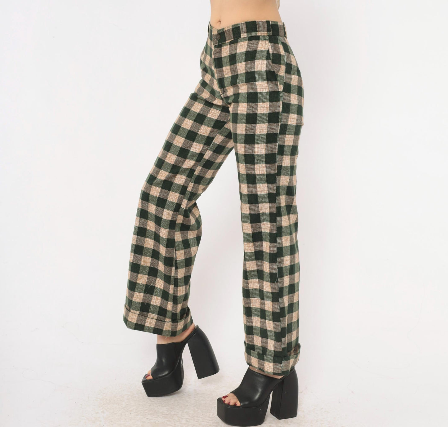 70s Tale Lord Green Tan Buffalo Check Flare Pants High Waist Extra Small XS