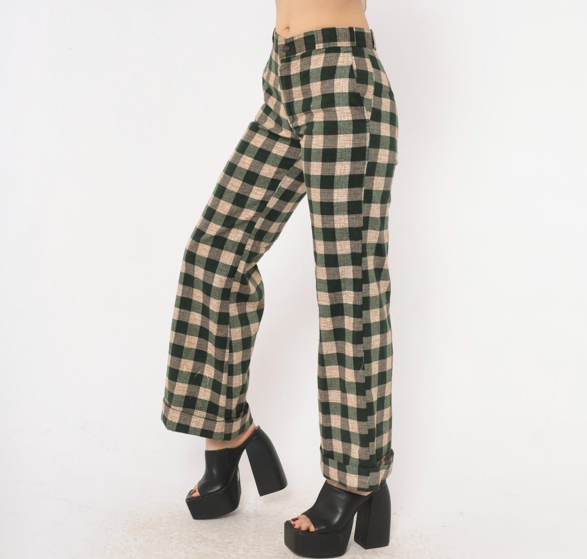 70s Tale Lord Green Tan Buffalo Check Flare Pants High Waist Extra Small XS