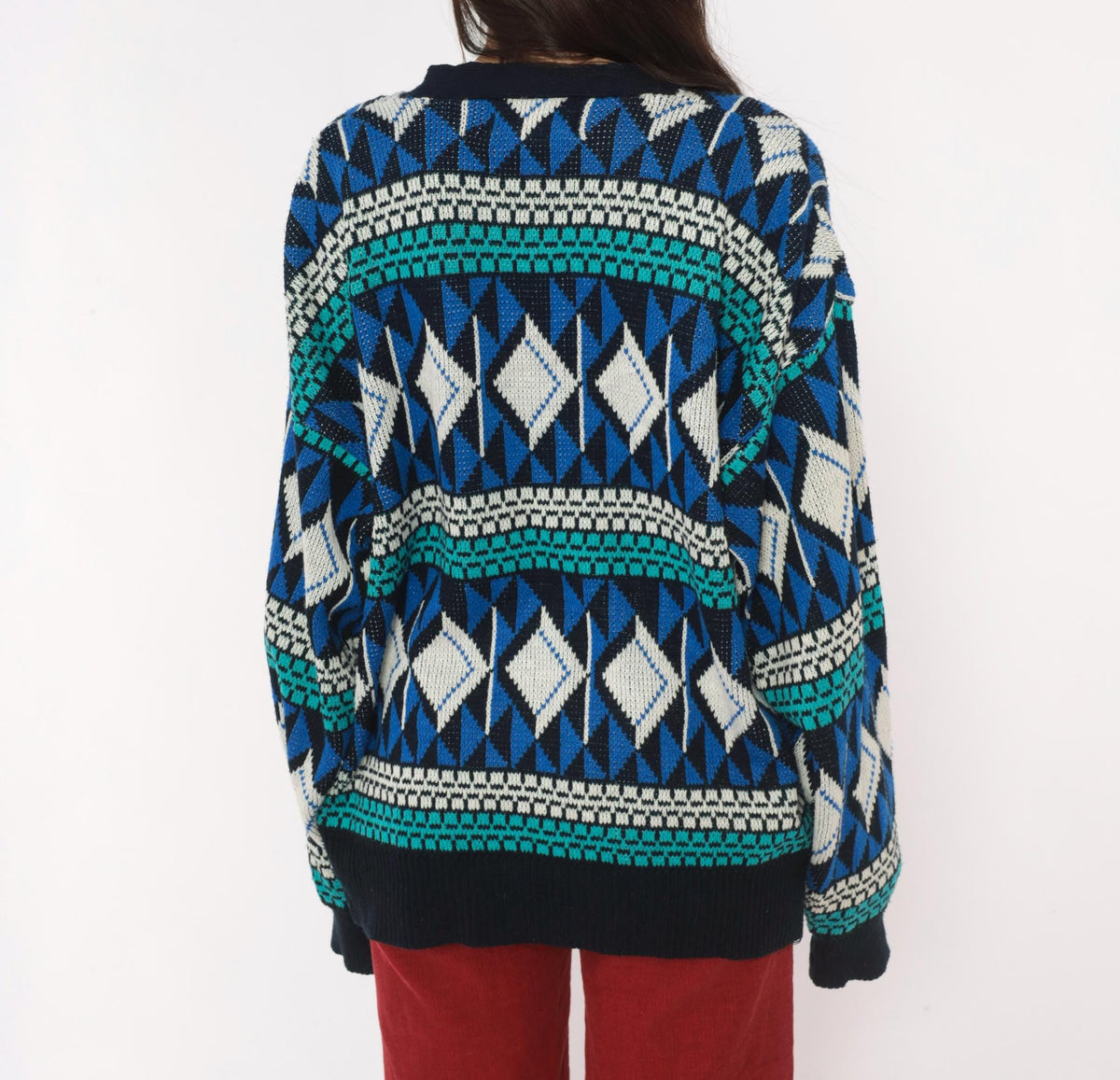 90s Sun Set High Way Geometric Knit Cardigan Navy Teal Diamond Fair Isle Large L