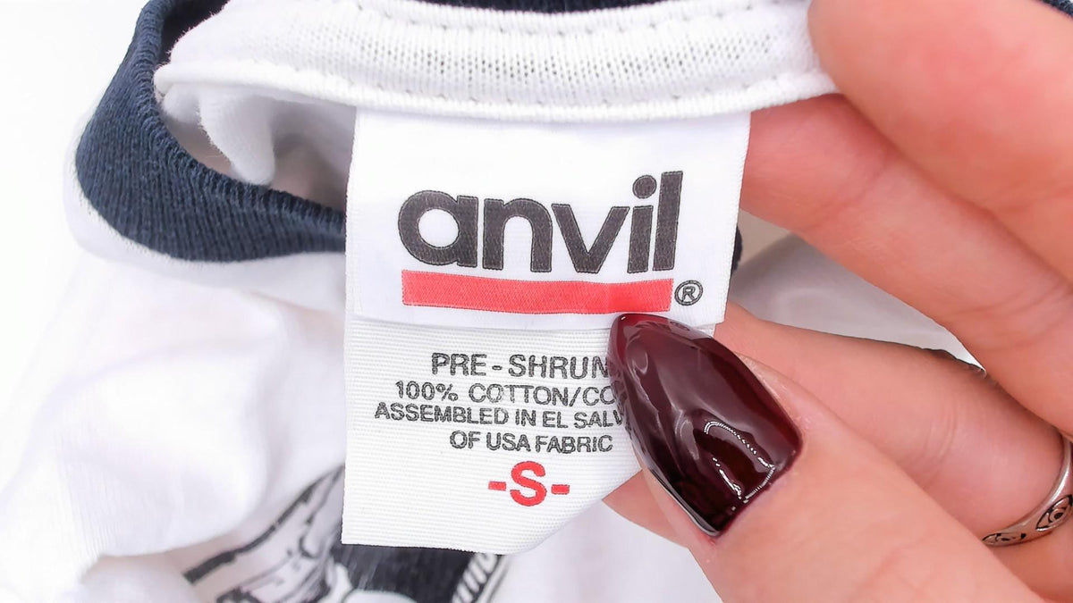 90s Anvil Monkey Scribe Ringer Tee Woodcut Print White Black Small