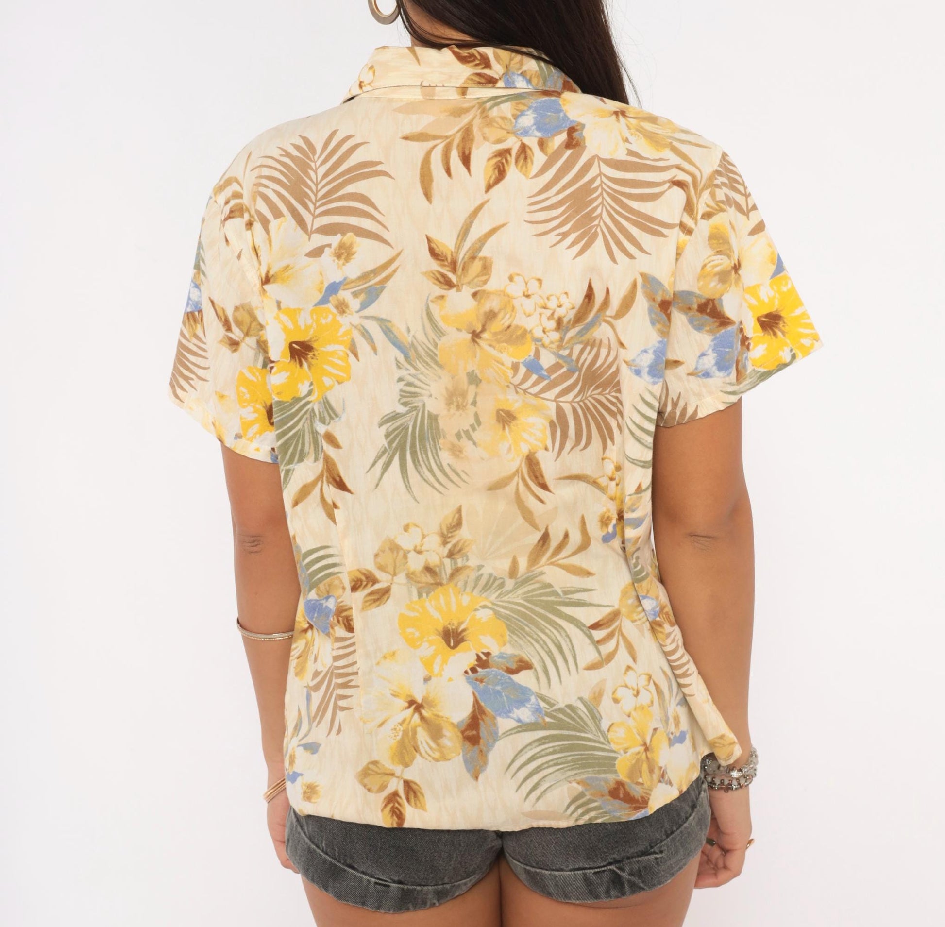 2000s Erika Hawaiian Camp Collar Shirt Cream Floral Yellow Palm Large L