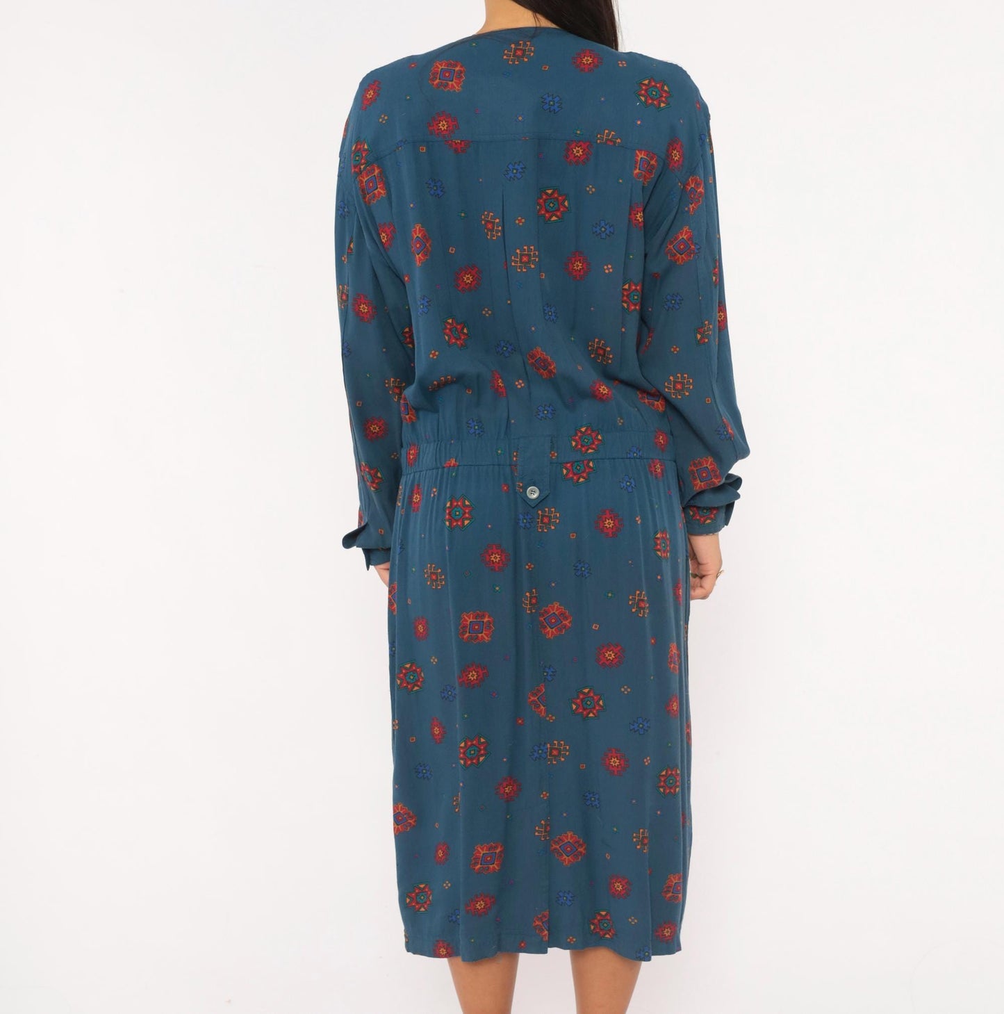90s Liz Claiborne Geometric Folk Midi Dress Navy Button Front Extra Large XL