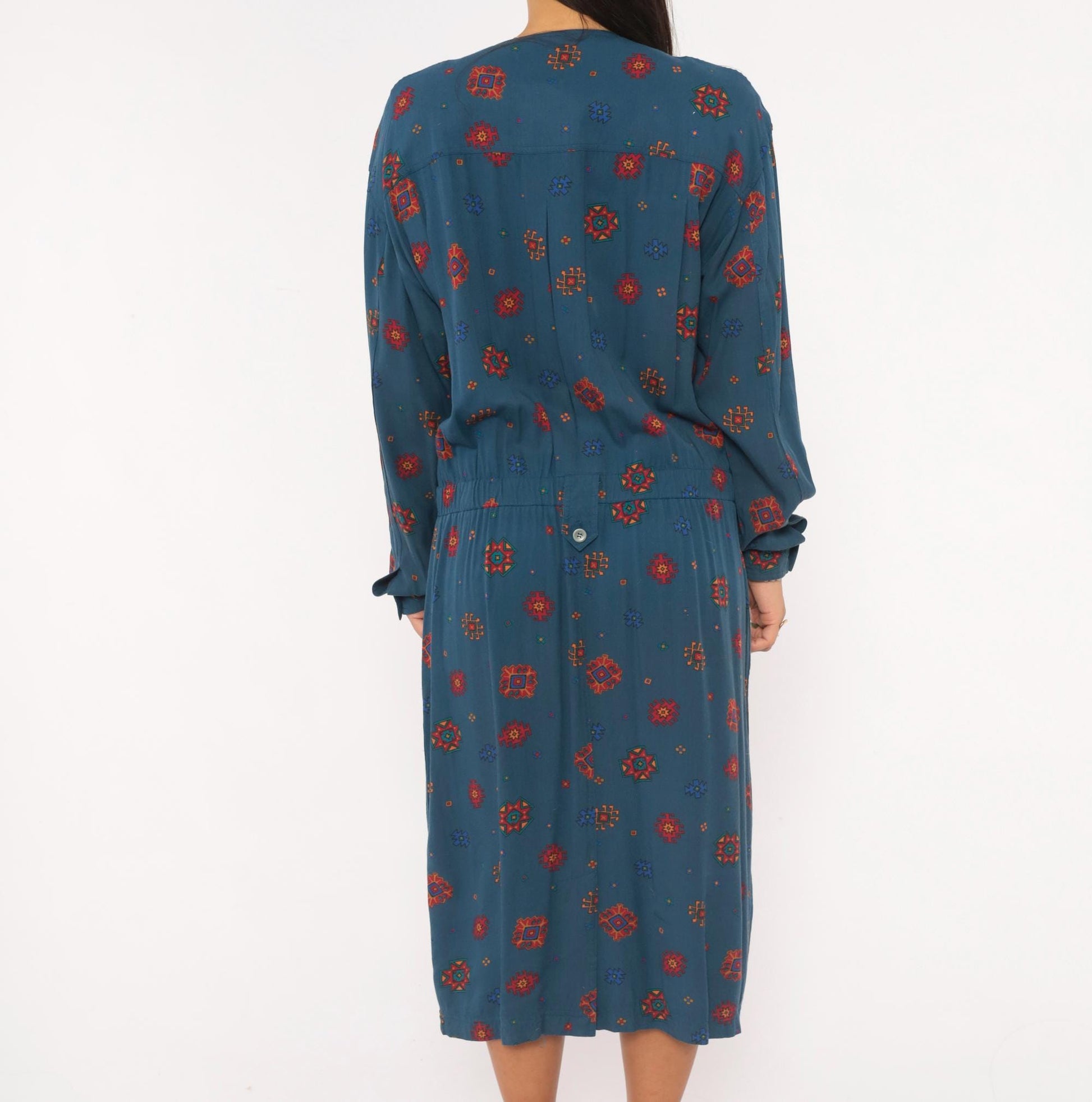90s Liz Claiborne Geometric Folk Midi Dress Navy Button Front Extra Large XL