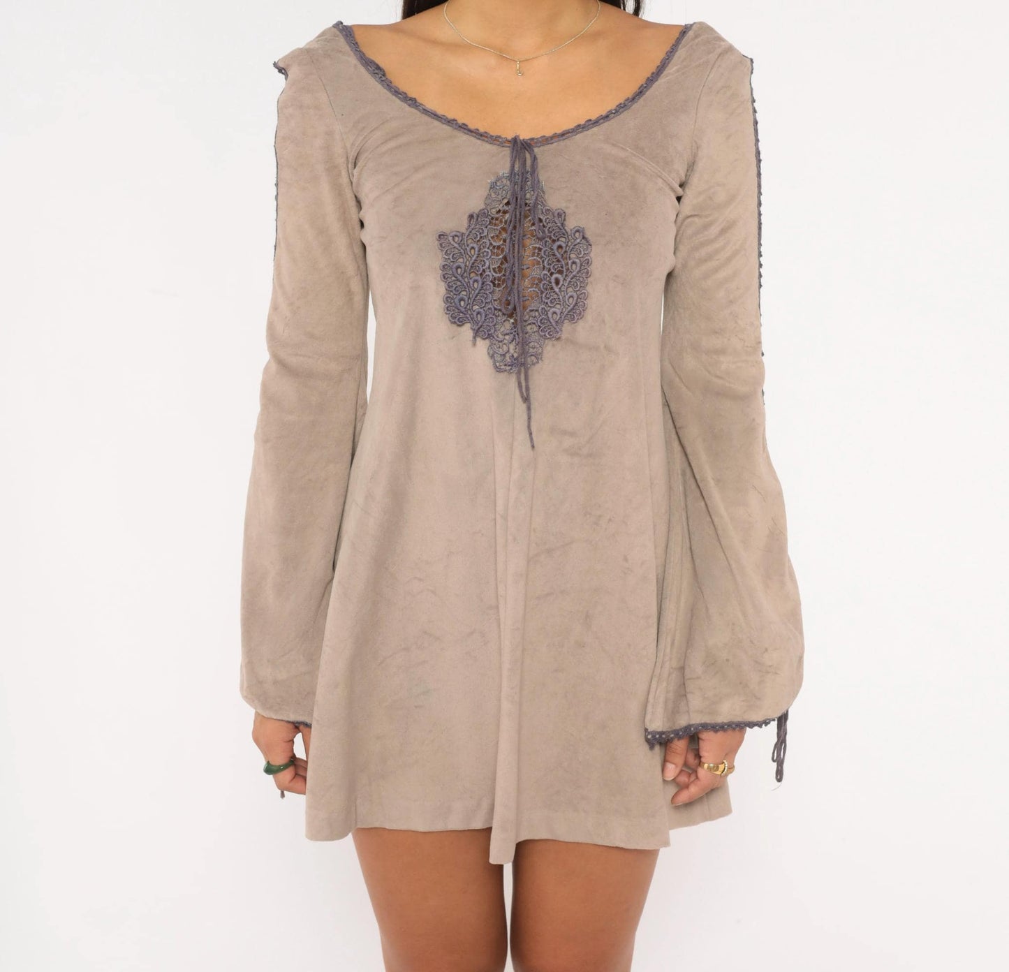 70s Grey Velour Mini Dress Purple Lace Cutout Bell Sleeve Extra Small XS