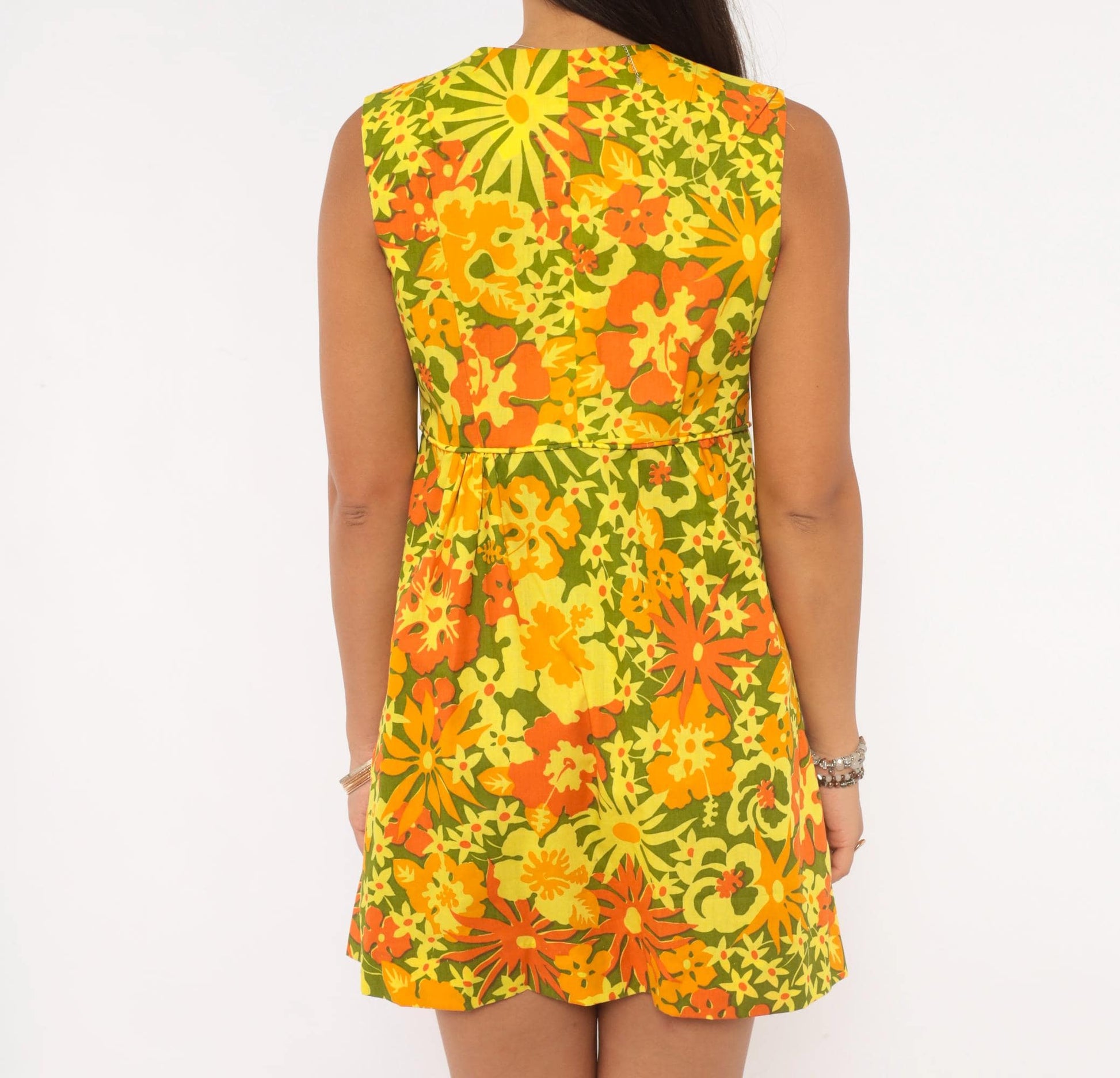 70s Ruth Clarage Psychedelic Floral Wrap Dress Mini Yellow Orange Small