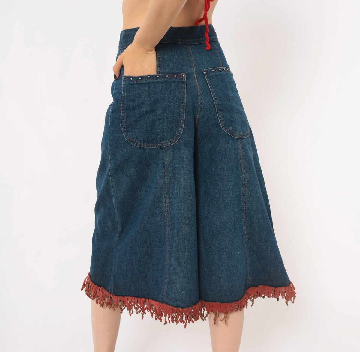 80s Blue Denim Wide Leg Shorts Red Fringe Lace Up Front Studded Medium M
