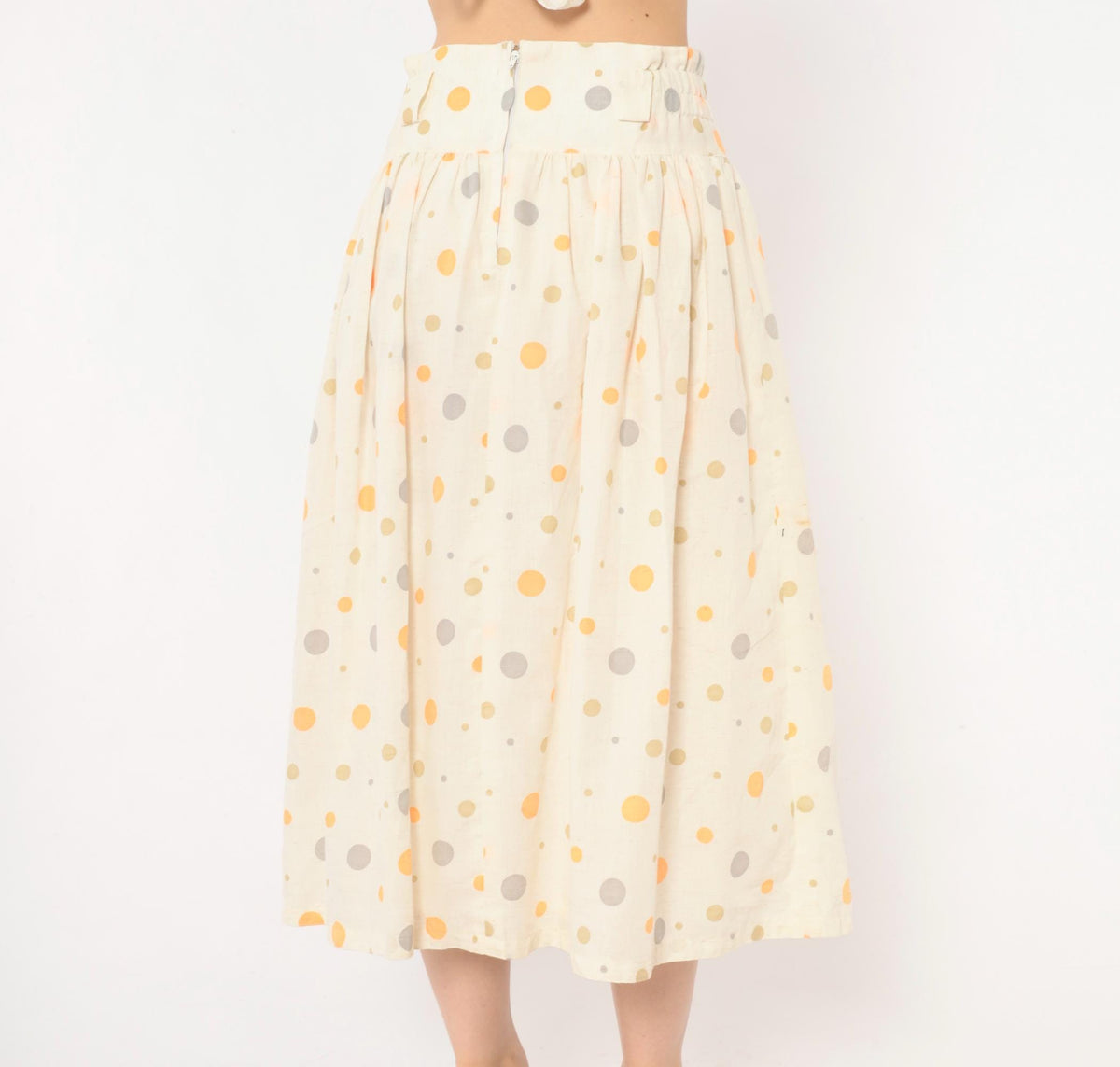 90s Polka Dot Midi Skirt Cream Orange Gray Cotton Gathered High Waist Medium