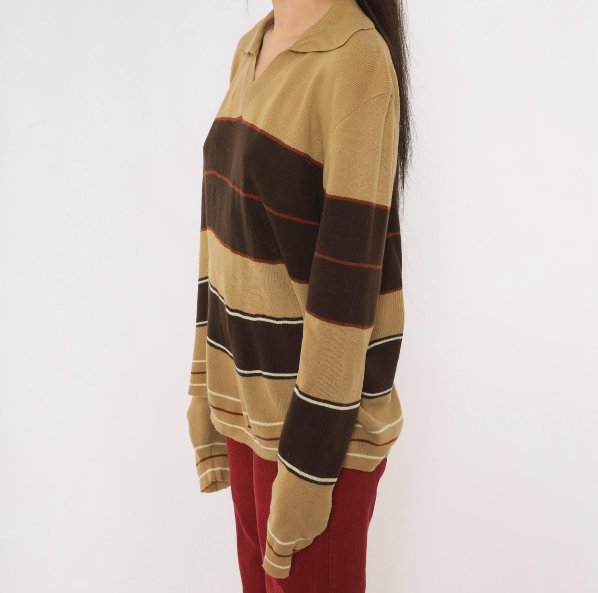 80s Alfie California Striped Polo Sweater Brown Tan Rust Medium