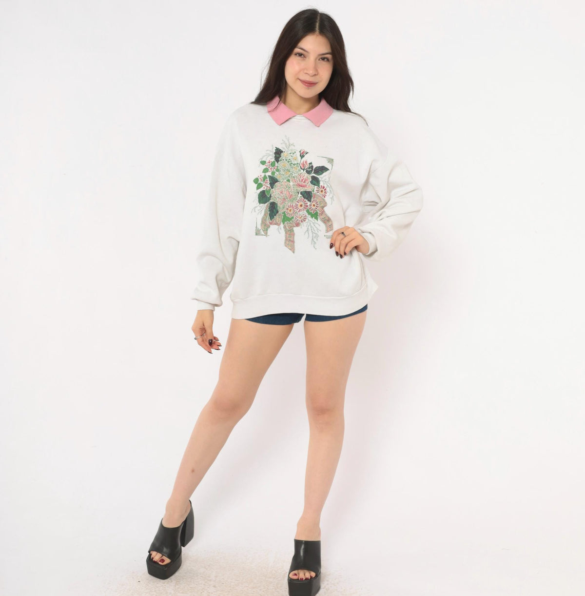 90s Morning Sun Floral Sweatshirt Pink Roses Off White Raglan Large L