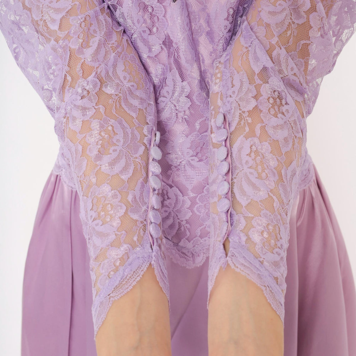 80s Lavender Lace Midi Dress Puff Sleeve Satin Purple V Neck Small