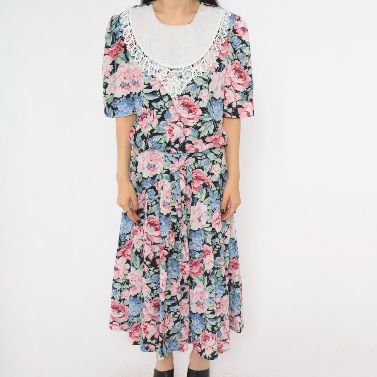80s Floral Midi Dress Black Pink Rose Lace Collar Puff Sleeve Drop Waist Large L