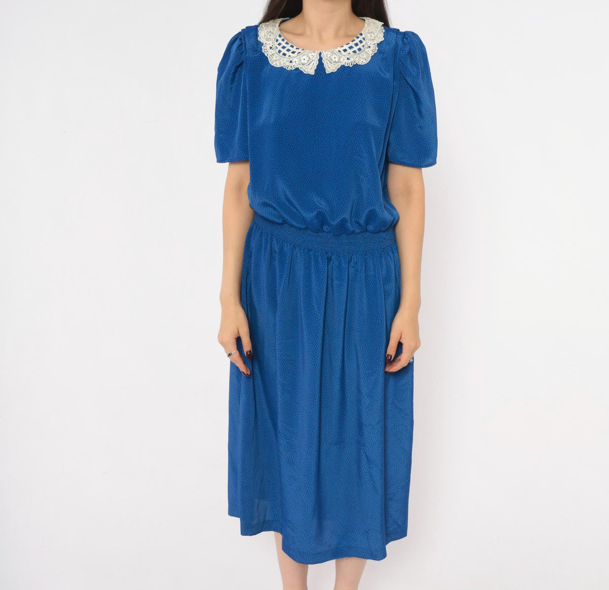 80s Stuart Alan Cobalt Midi Dress Lace Collar Puff Sleeve Dot Print Medium