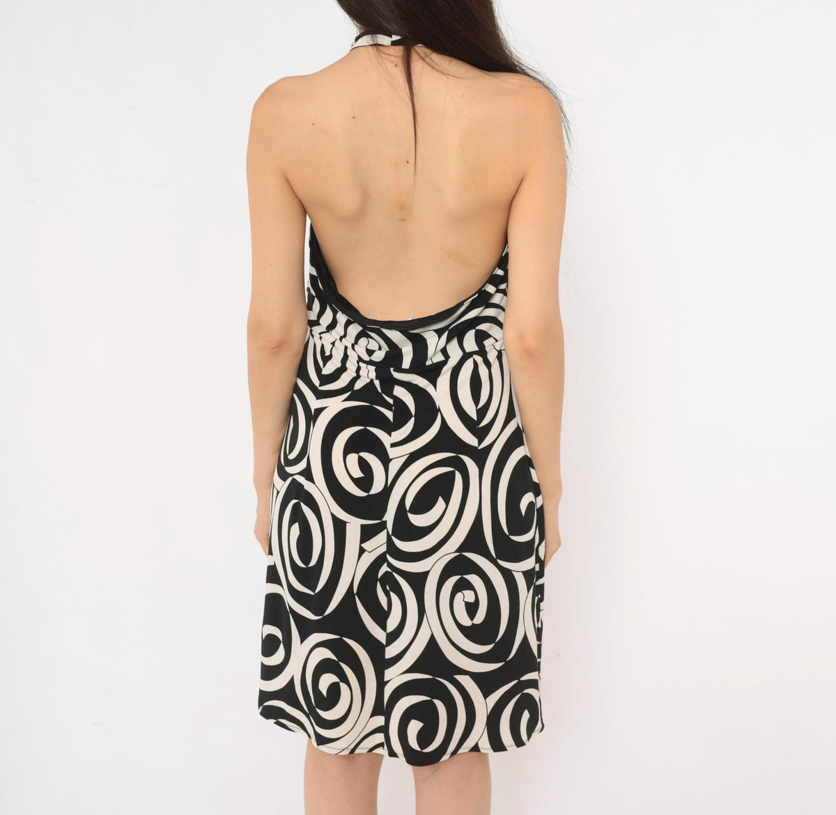 Y2K Maggy London Halter Dress Black White Swirl Print Open Back Medium M
