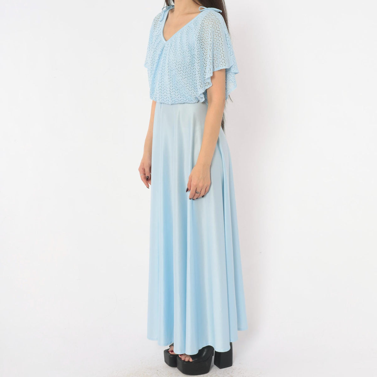 70s Light Blue Maxi Dress Pointelle Knit Capelet V Neck Flutter Sleeve Small