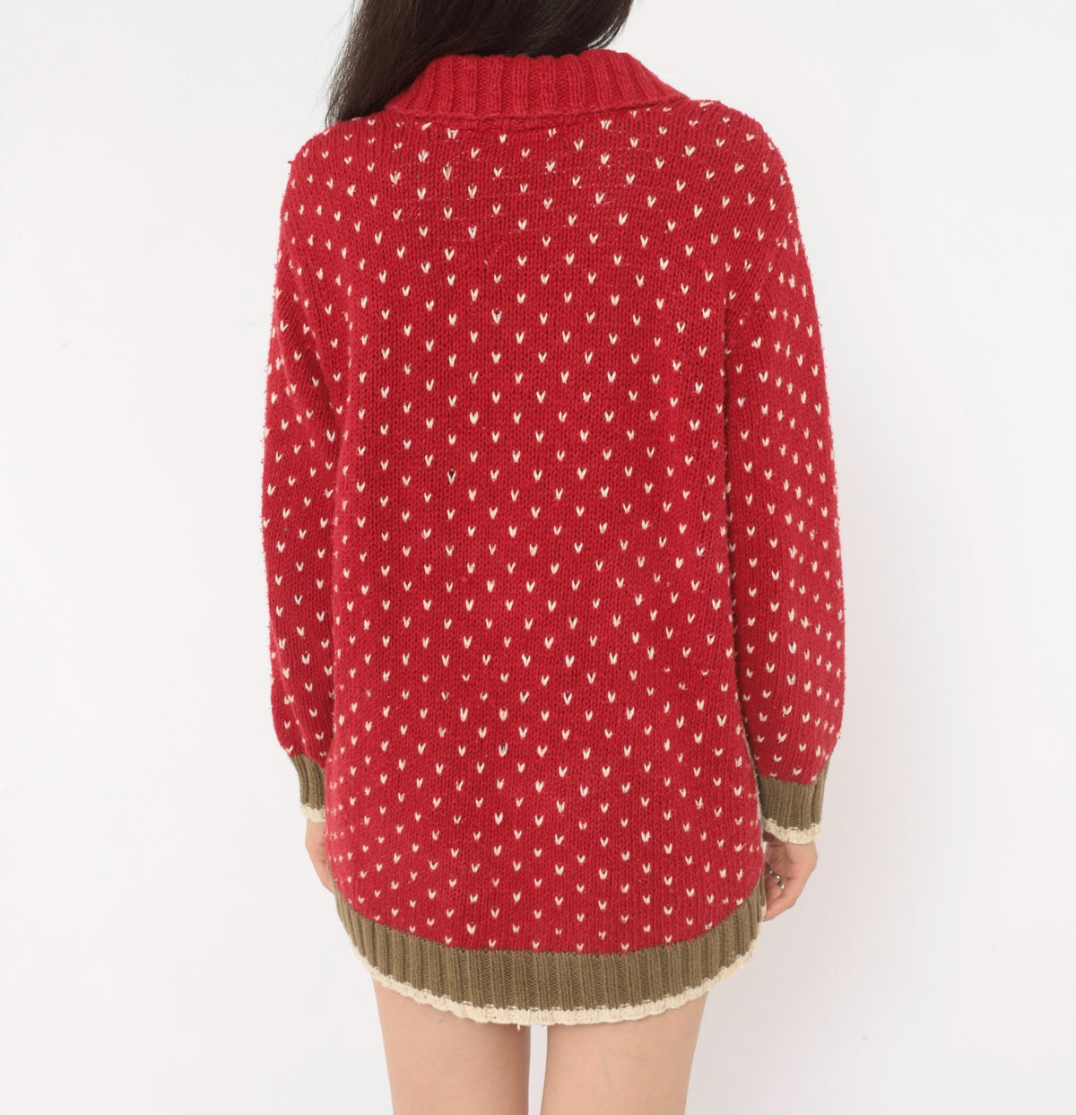 90s Liz Claiborne Hand Knit Reindeer Sweater Red Shawl Collar Small