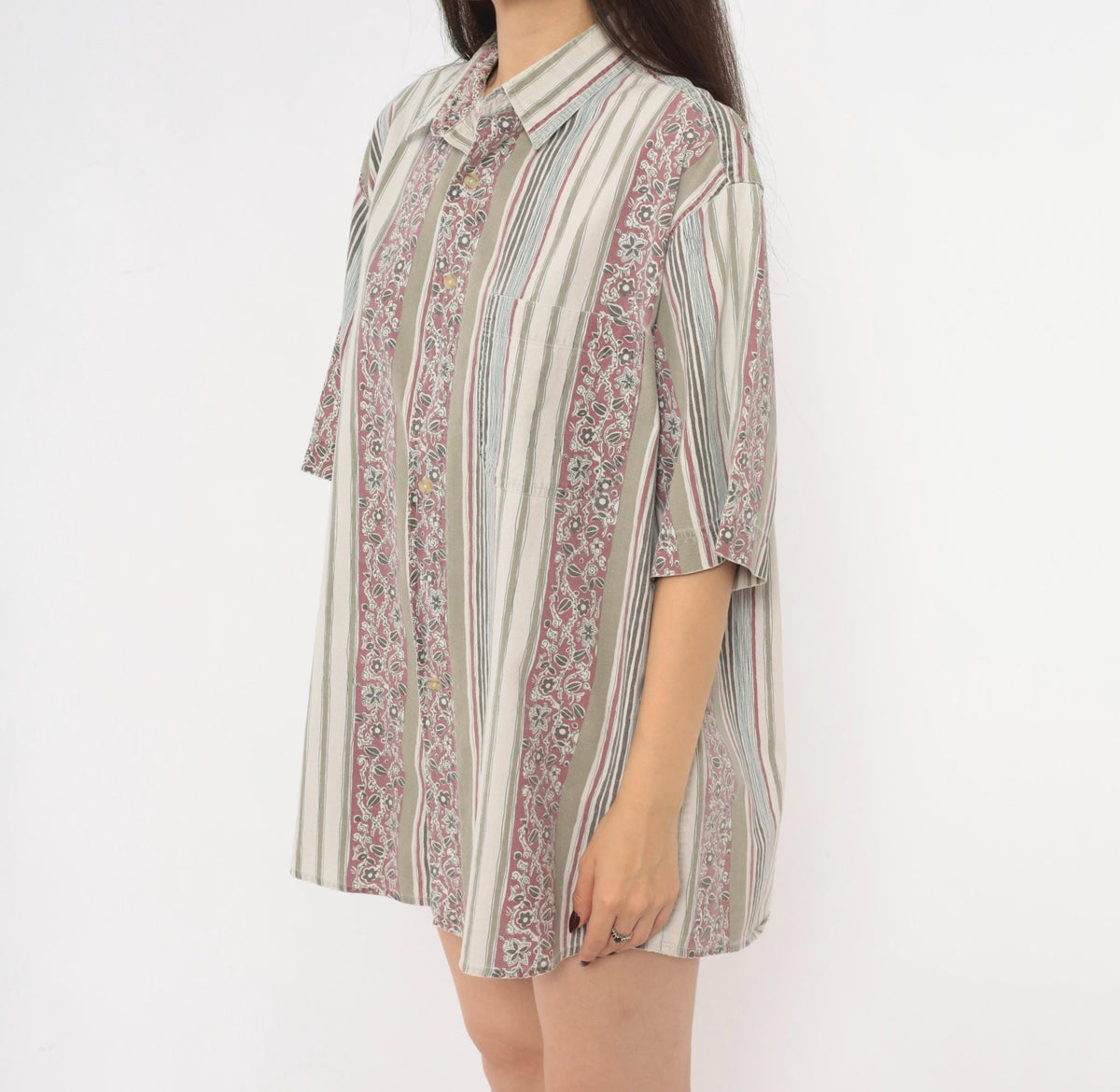 90s Key Elements Striped Floral Cotton Shirt Cream Rust Extra Large XXL