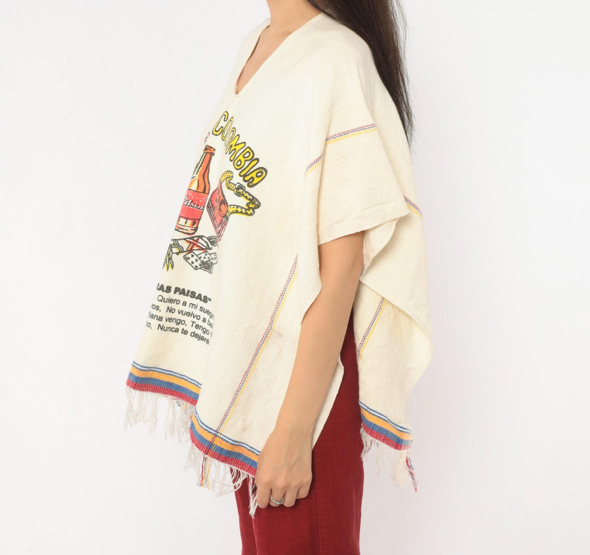 80s Medellin Colombia Souvenir Poncho Cream Cotton Graphic V Neck Fringe One Size
