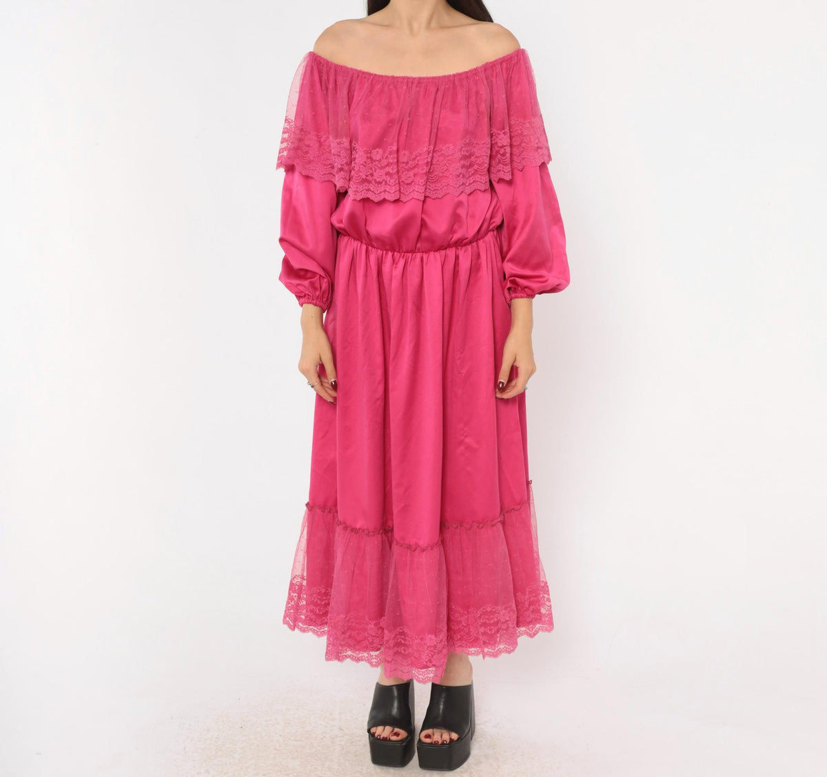 80s Hot Pink Off-Shoulder Midi Dress Lace Ruffle Balloon Sleeve Medium M