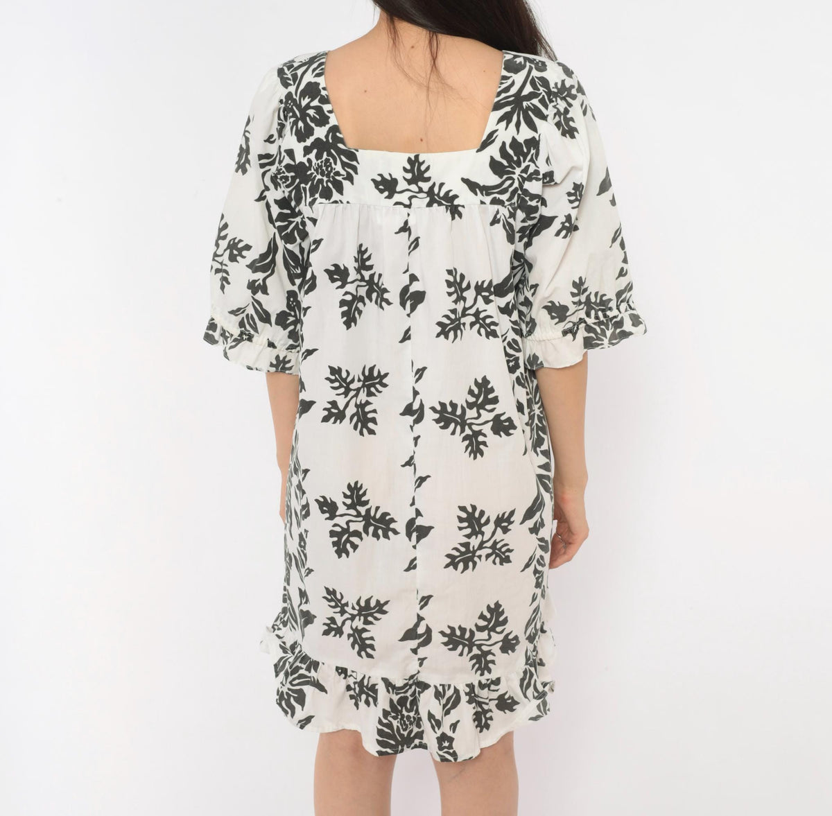 90s Nani Liberty House Hawaiian Floral Square Neck Puff Sleeve Dress Black White Small S