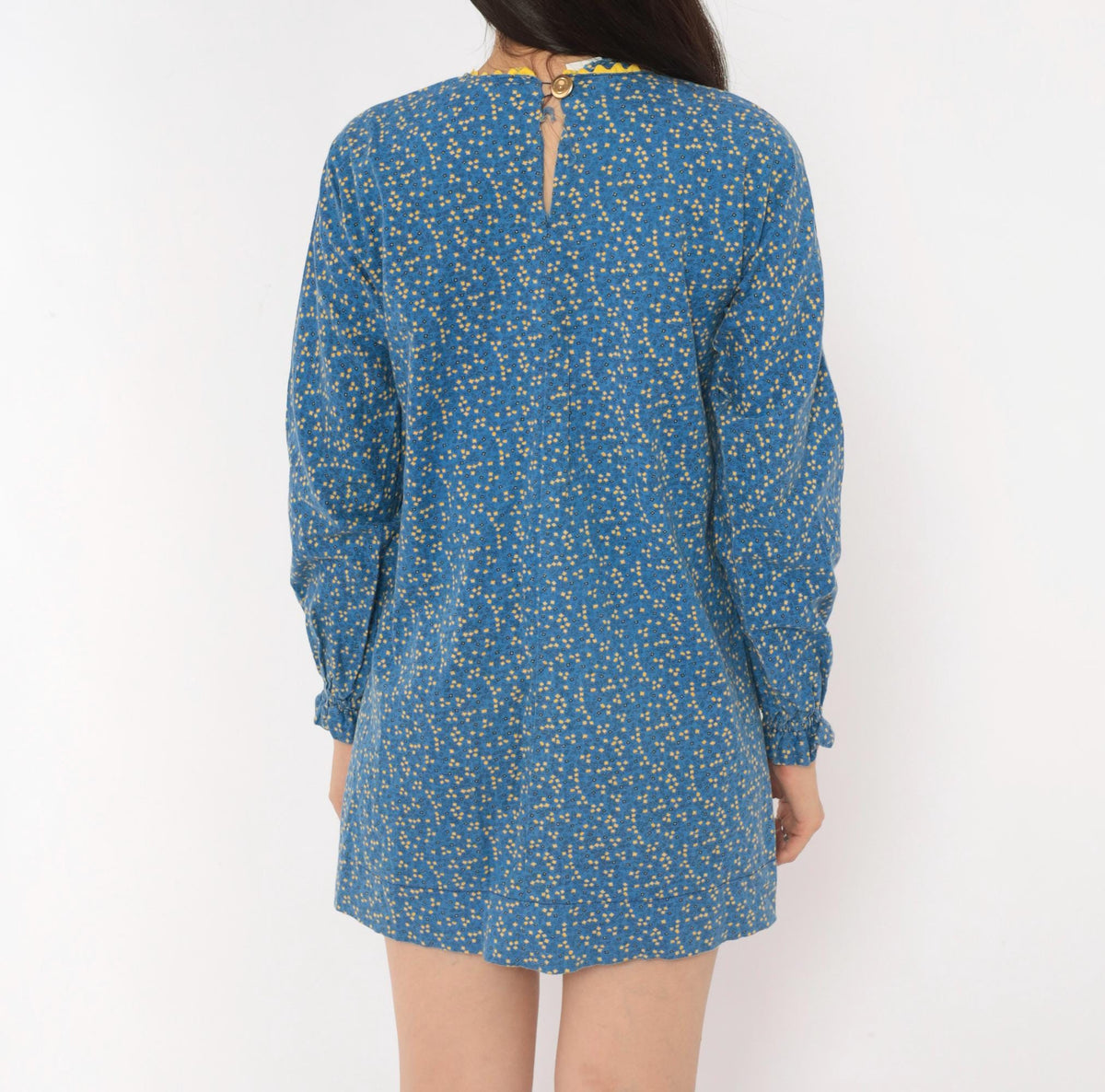 70s Ditsy Floral Cotton Mini Dress Blue Yellow Ric Rac Long Sleeve Extra Small XS