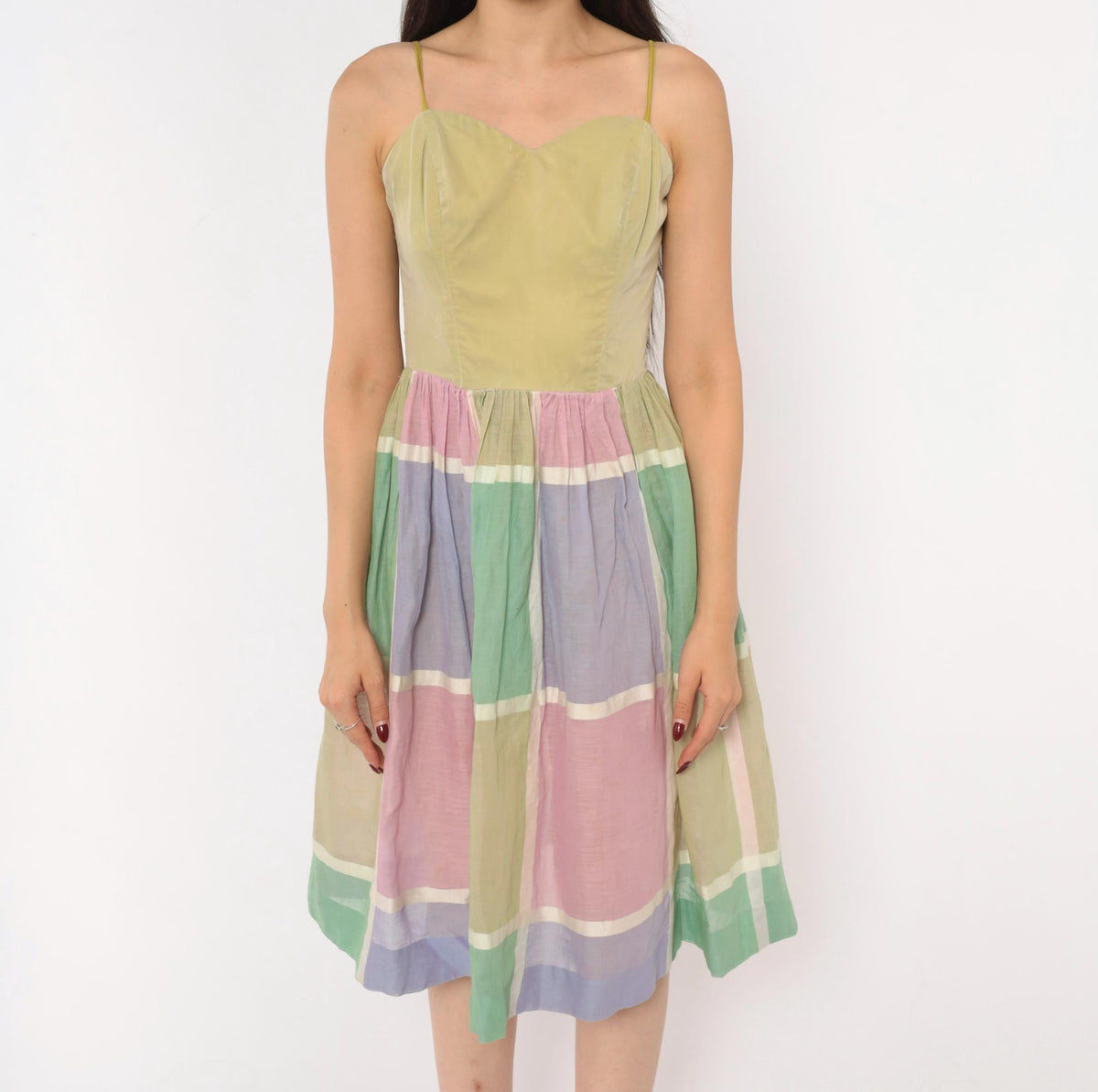 60s Pastel Plaid Sundress Sweetheart Neckline Gathered Skirt Cotton XS