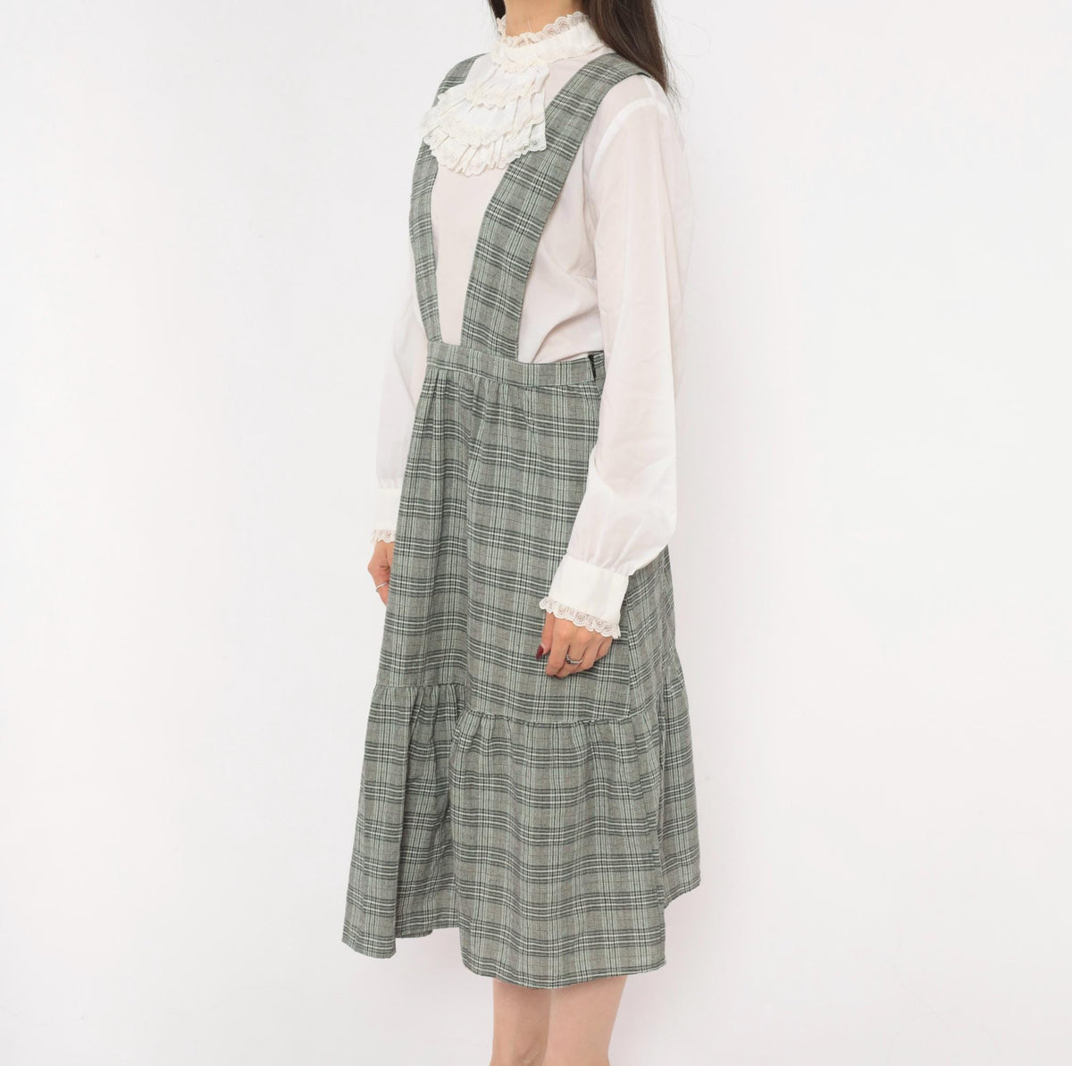 90s Grey Glen Plaid Pinafore Dress V-Neck Suspender Straps Tiered Ruffle Medium M