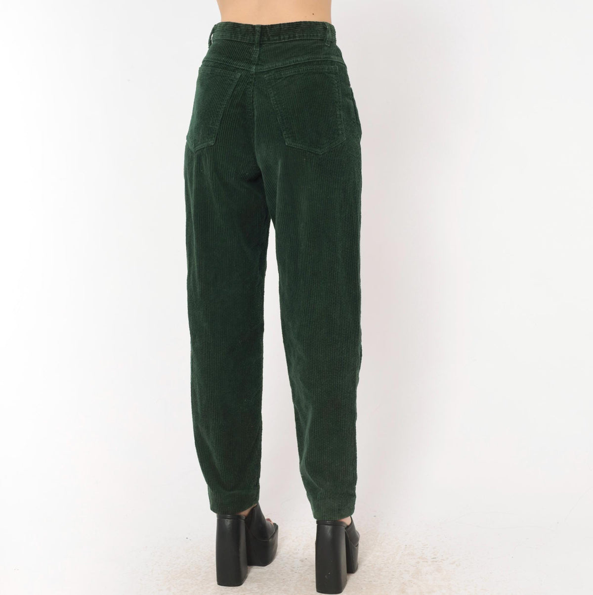 Benetton Emerald Corduroy High-Waist Pants 80s Forest Green Cotton Trousers XS