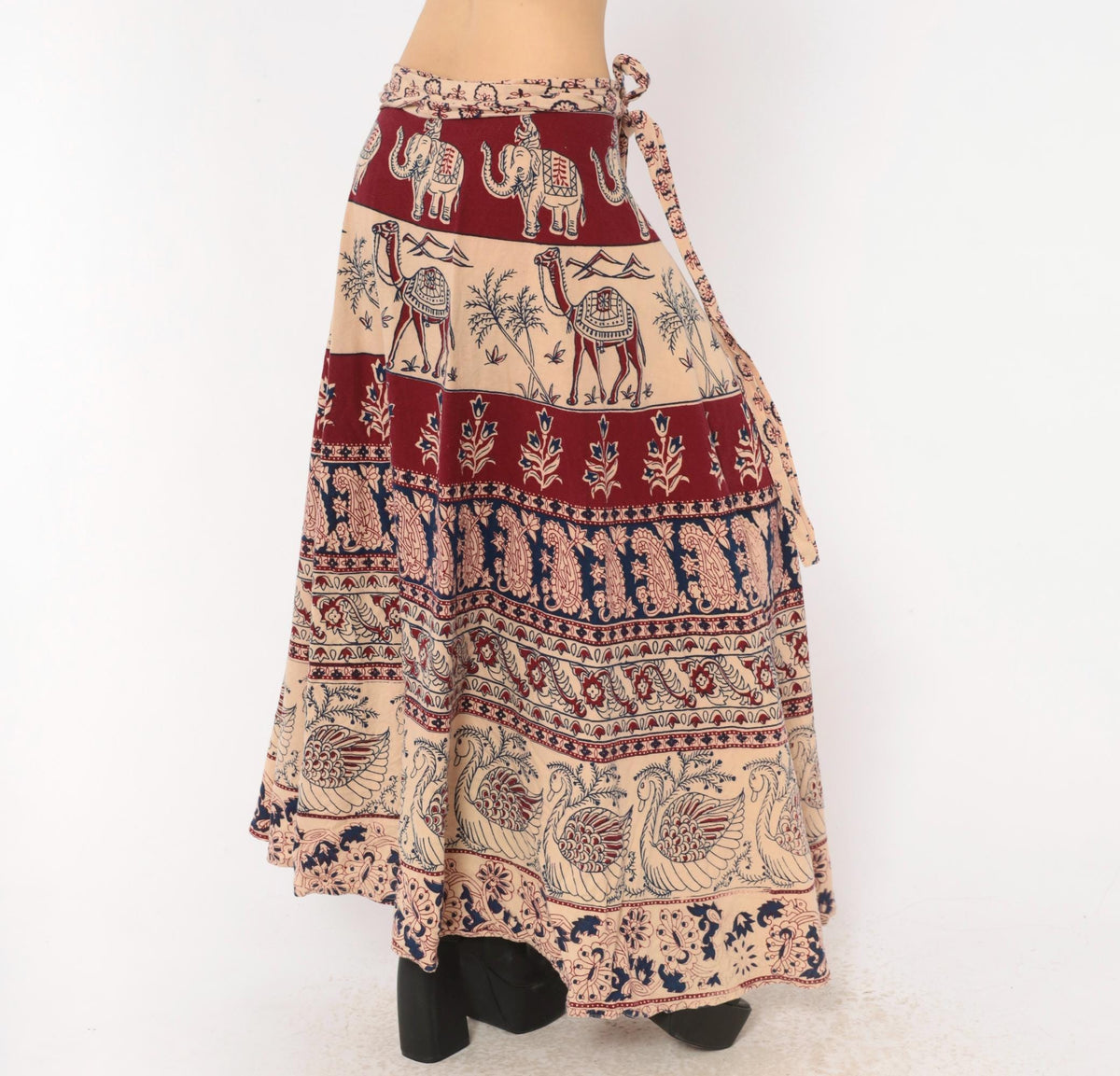 70s Indian Block Print Cotton Wrap Skirt Maxi Burgundy Navy Elephant Peacock Small