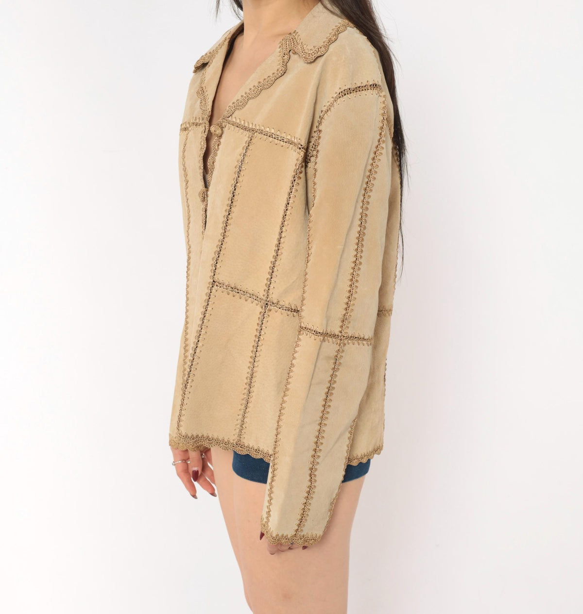 2000s Tan Suede Patchwork Jacket Crochet Trim Button Front Medium