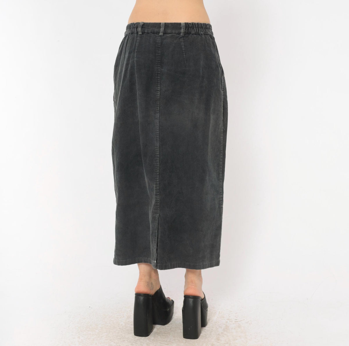 80s Gina Peters Charcoal Corduroy Midi Skirt Pleated High Waist Small
