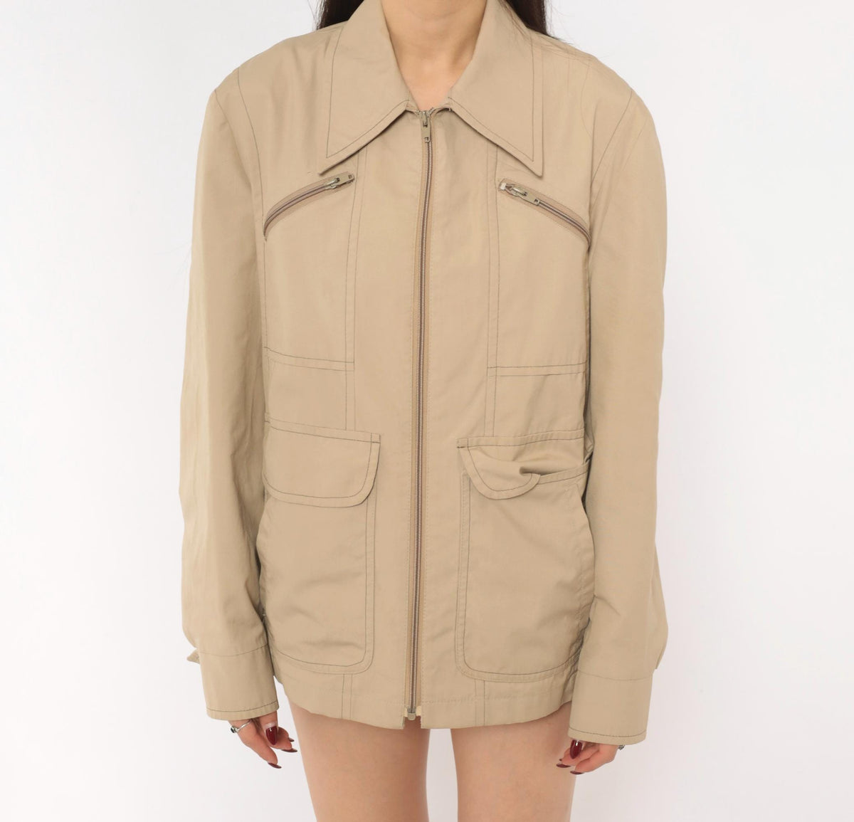 80s London Fog Tan Zip Jacket Utility Coat Multi Pocket Medium