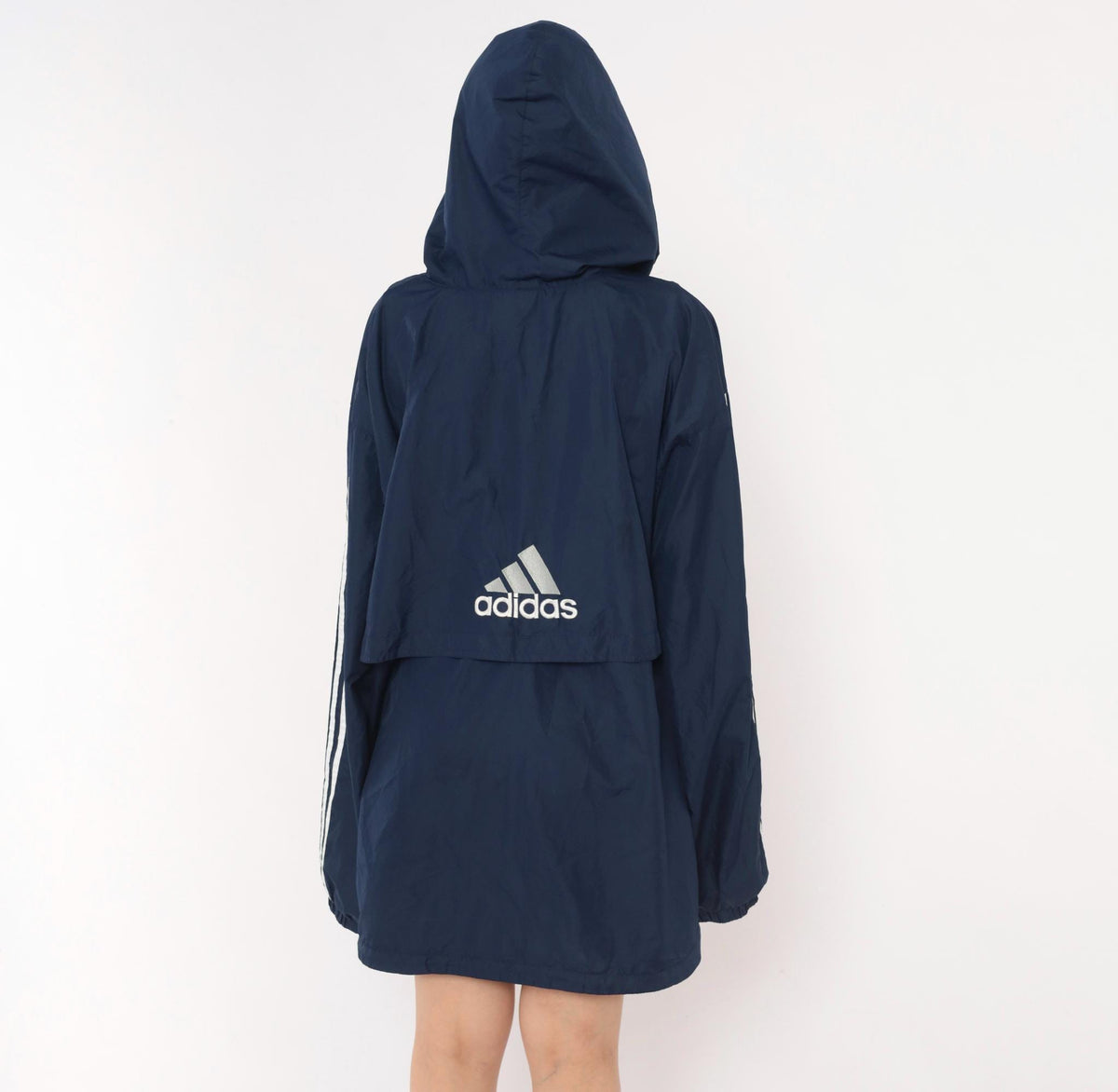 Y2K Adidas Navy Windbreaker Anorak Hooded Pullover White Stripe Extra Large XL
