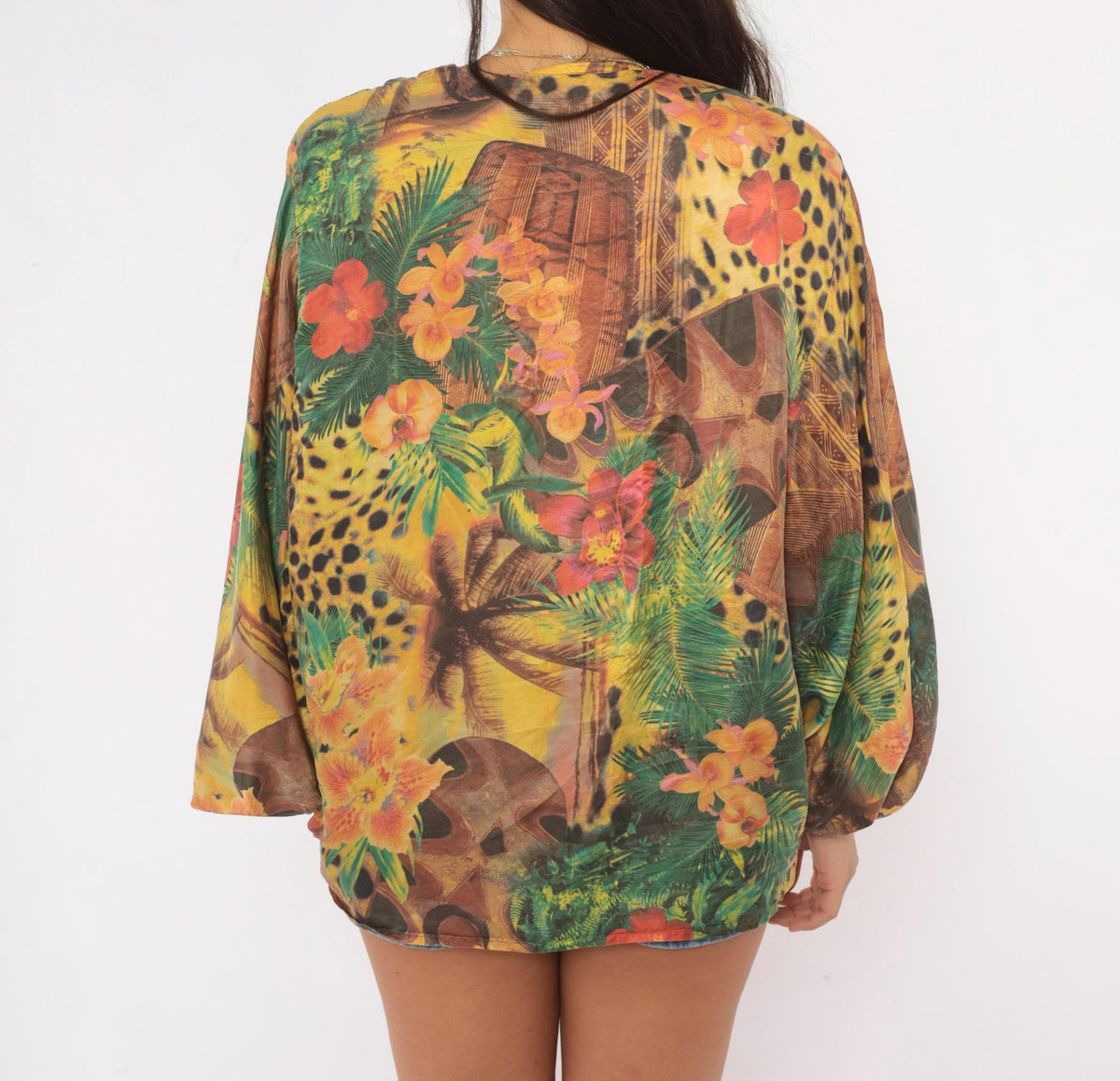 90s Silk Kimono Jacket Tropical Leopard Print Yellow Green Small
