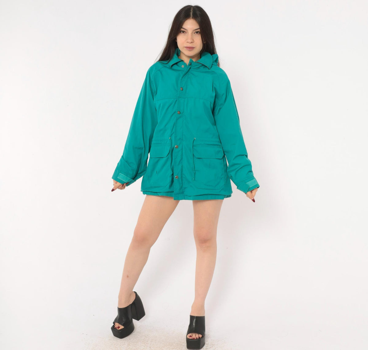 80s Woolrich Teal Hooded Parka Plaid Lined Windbreaker Small