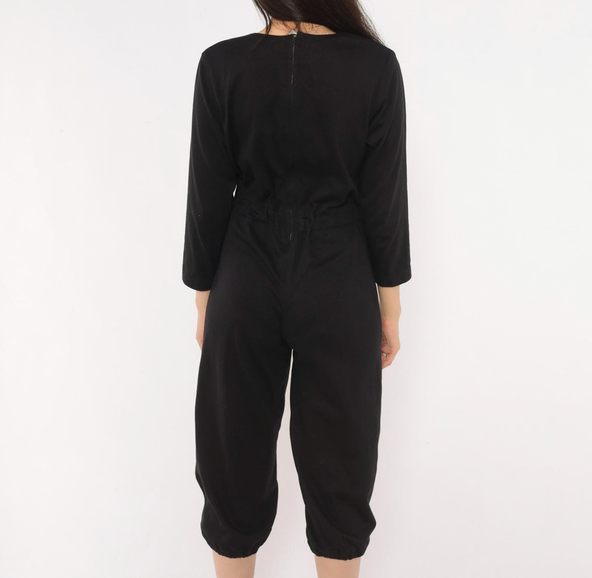 80s Black Jumpsuit Cropped Leg Three Quarter Sleeve Scoop Neck Small