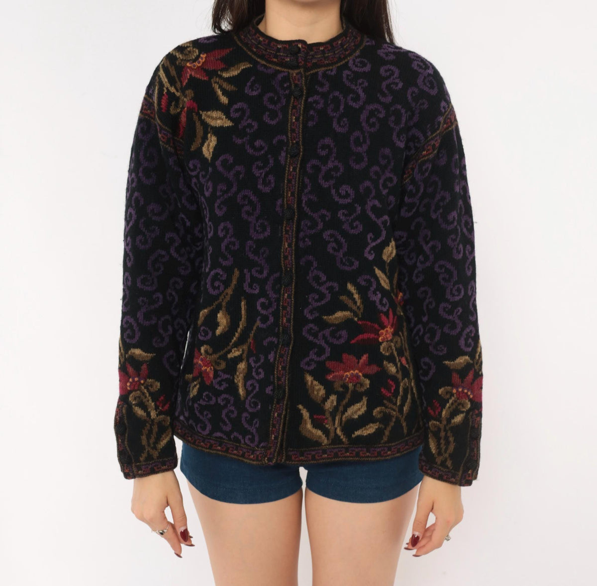 80s Icelandic Design Wool Cardigan Black Purple Floral Jacquard Small