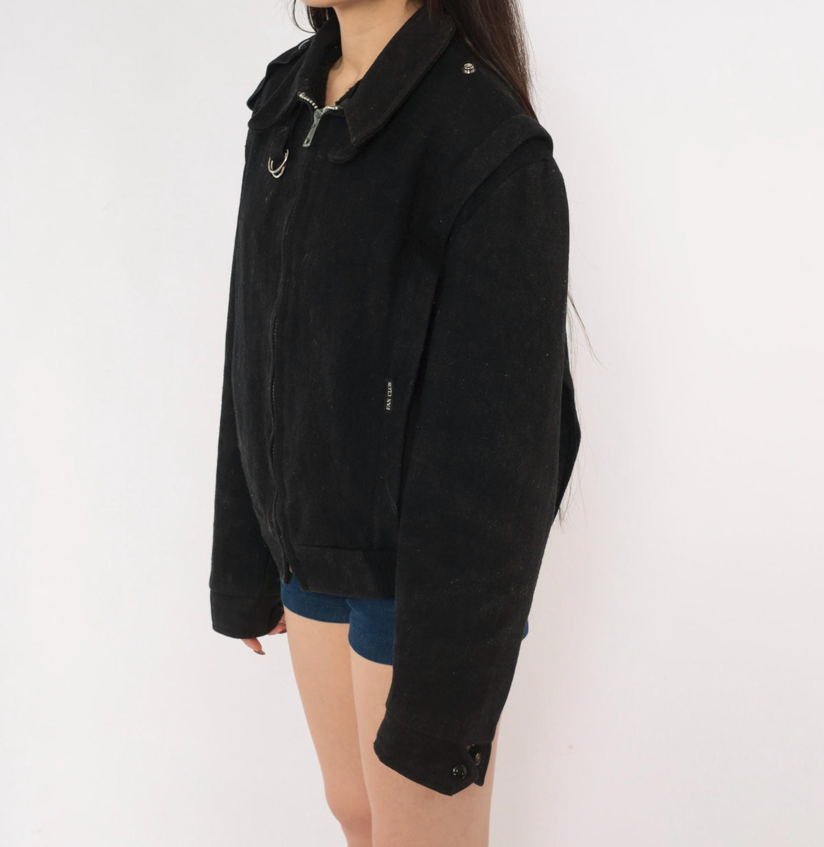 80s Fan Club Wool Blend Bomber Jacket Black Zip Front Mens Small