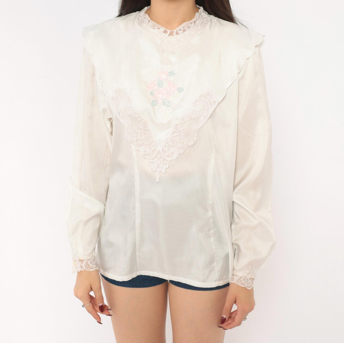 80s Nicola Embroidered Floral Lace Blouse High Neck Puff Sleeve Ivory Medium M
