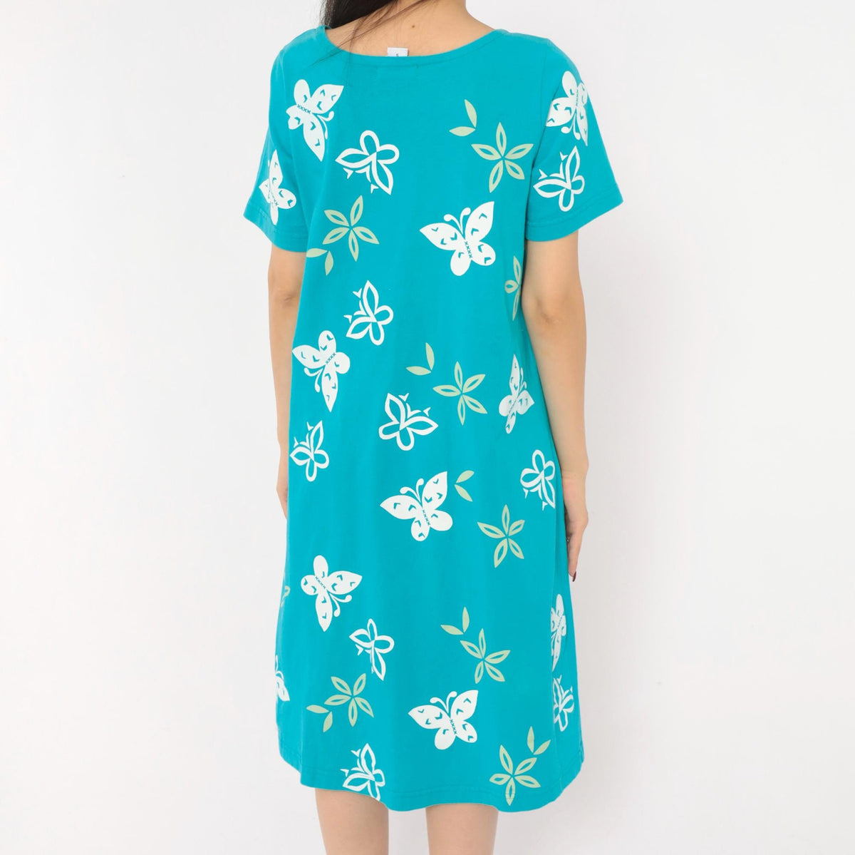 90s M. Mac Butterfly Shift Dress Teal Cotton Knee-Length Pockets Small S