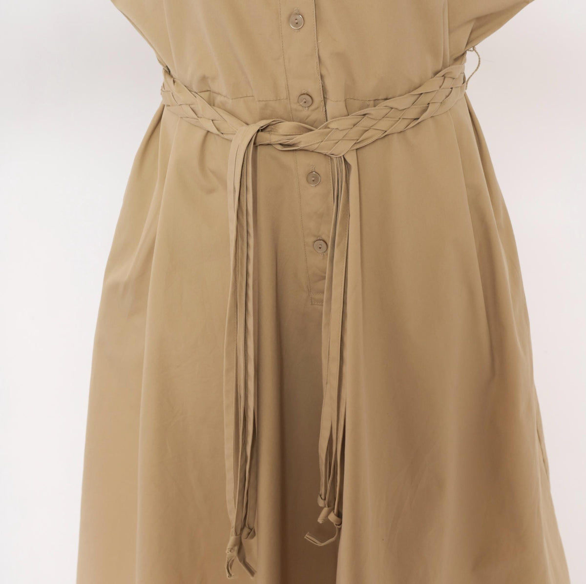 80s Tan Shirt Dress Braided Belt Pointed Collar A-Line Knee Length Large