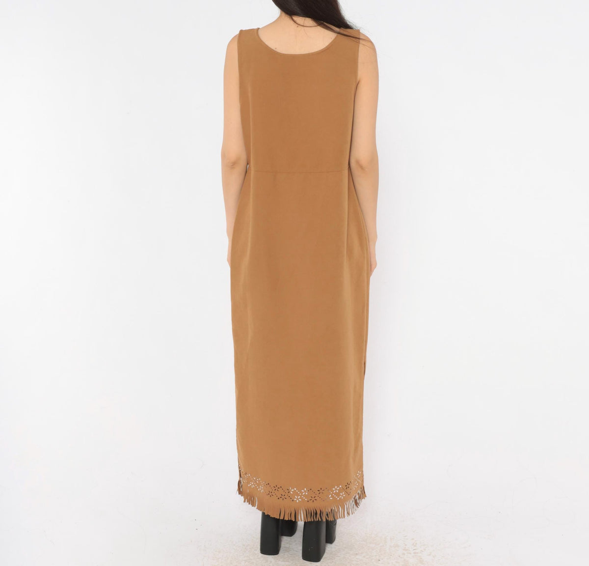 Jessica Howard 2000s Tan Faux Suede Maxi Dress Beaded Scoop Neck Fringe Medium M