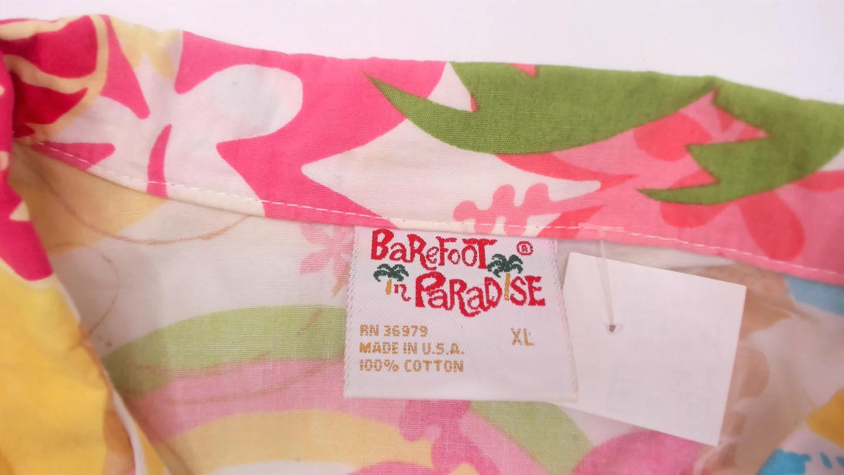 Y2K Barefoot Paradise Hawaiian Shirt White Cotton Camp Collar Tropical Print Extra Large XL