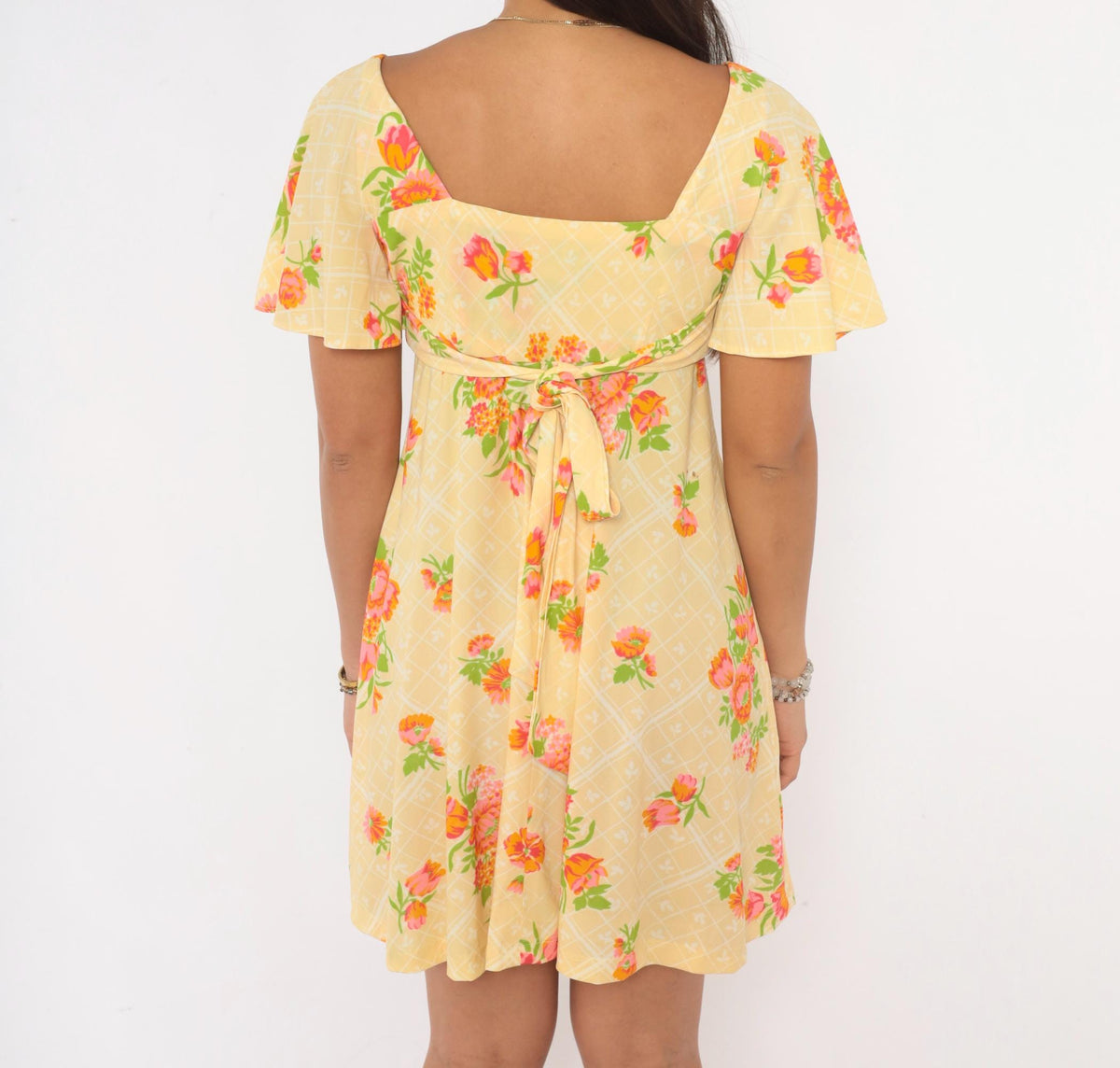 70s Floral Mini Dress Yellow Pink Flutter Sleeve Empire Waist Extra Small XS
