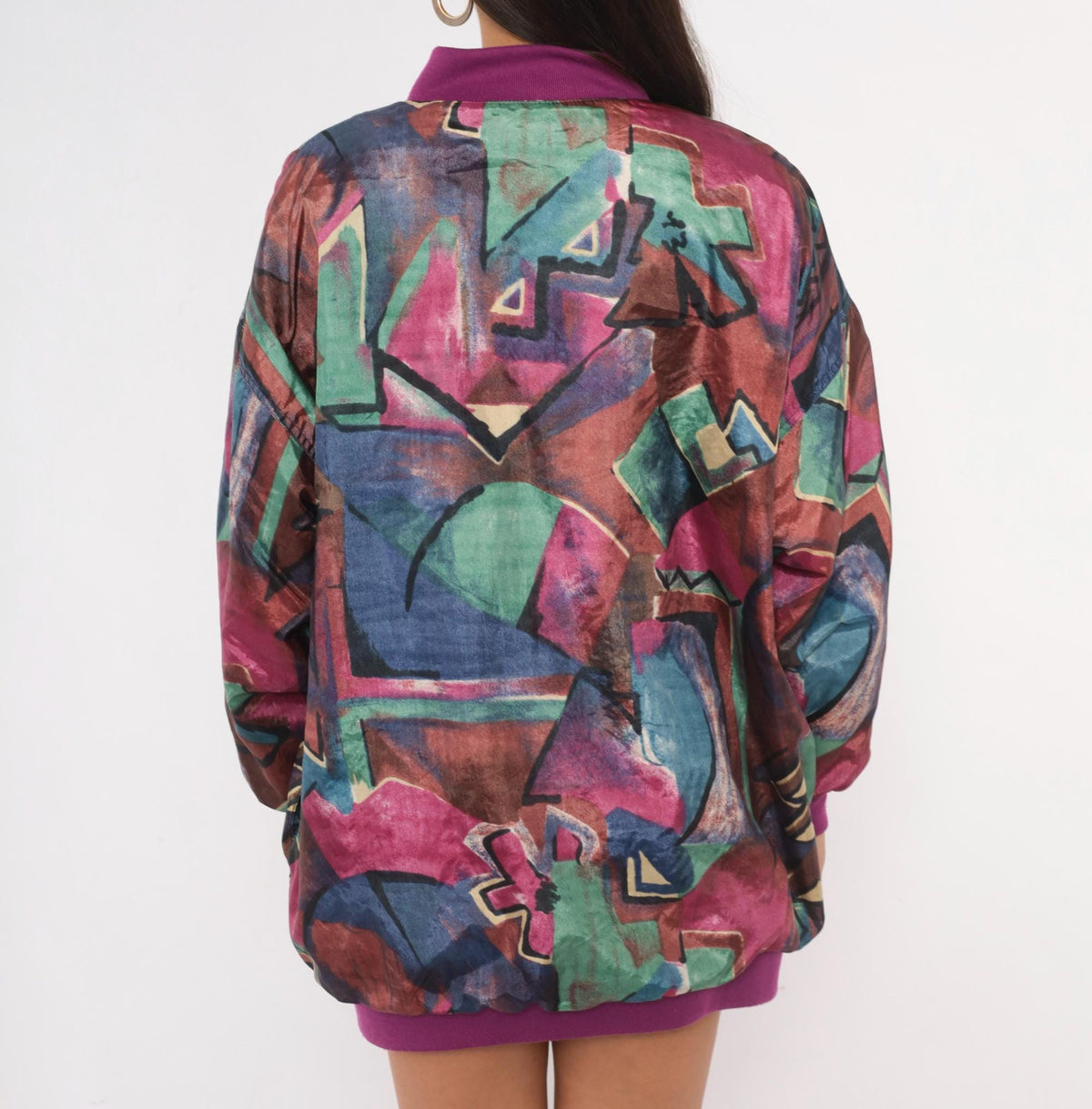 80s Abstract Reversible Bomber Jacket Purple Green Geometric Snap Front Medium