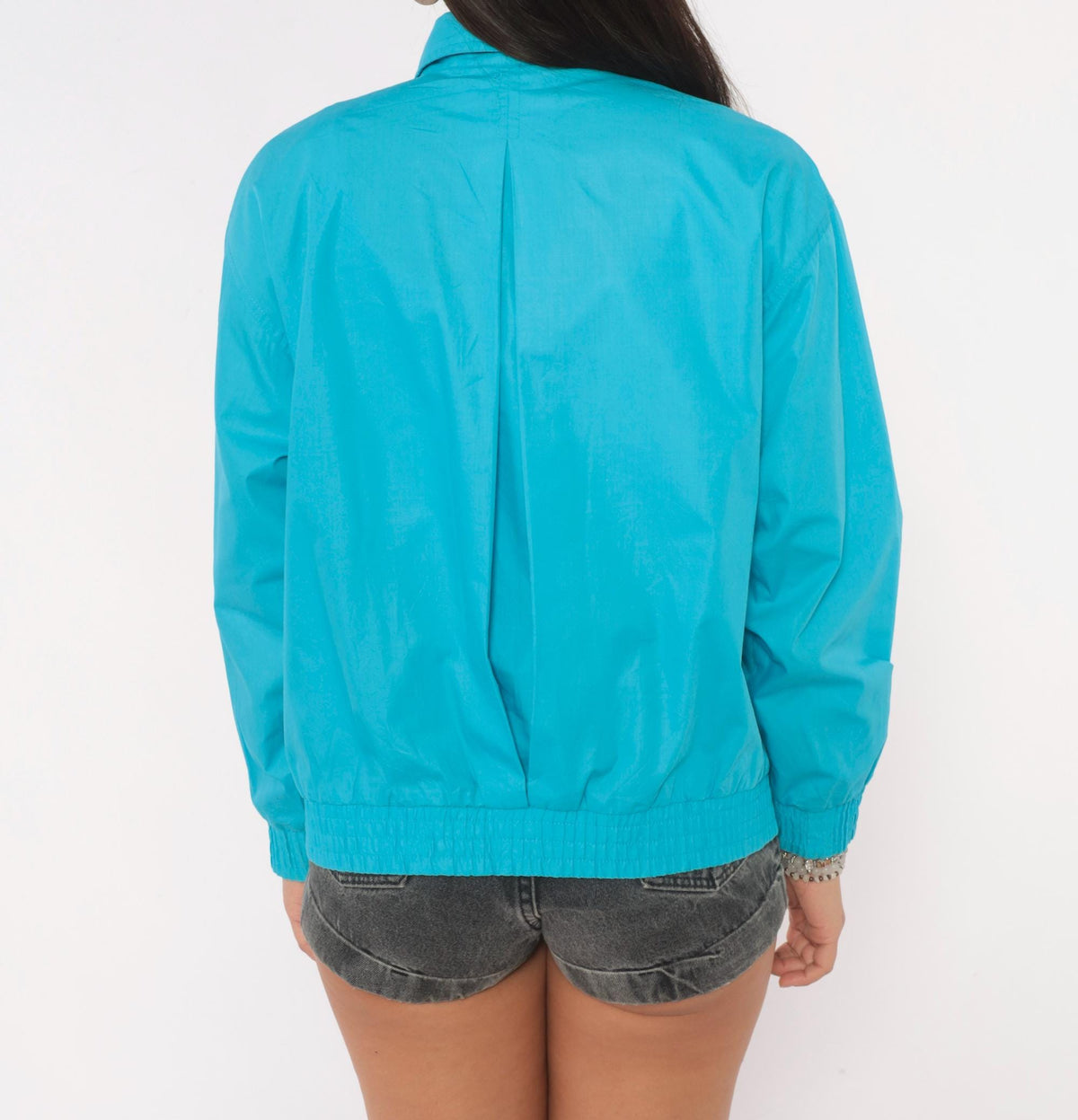 80s Koret Petites Teal Bomber Jacket Snap Front Pointed Collar Small S