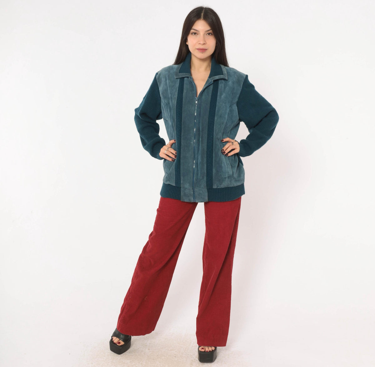 80s Mervyn's Navy Blue Suede Leather Cardigan Knit Zip Jacket Large