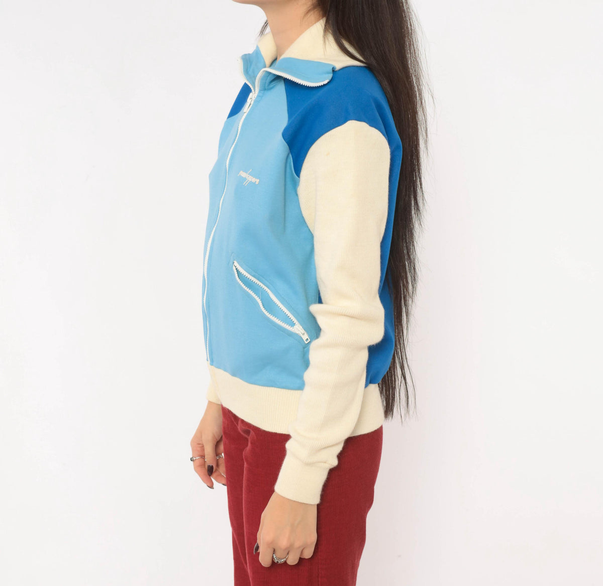 80s Grasshoppers Color Block Track Jacket Light Blue Cream Knit Small